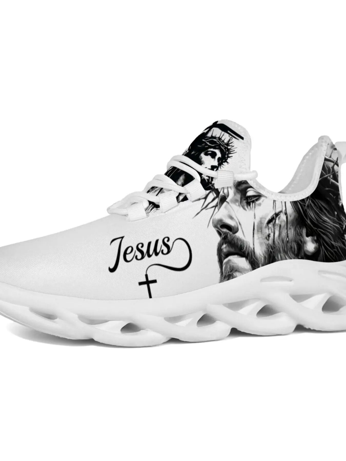 Jesus Cross Full Coverage Design Couple Sneakers Patriotic Print Unique Men's Lace Up Running Shoes, Running Sports Shoes, Breathable Low Top Casual Sneakers Non Slip Durable Comfortable Thick Sole Outdoor Lightweight Lace Up Trainers
