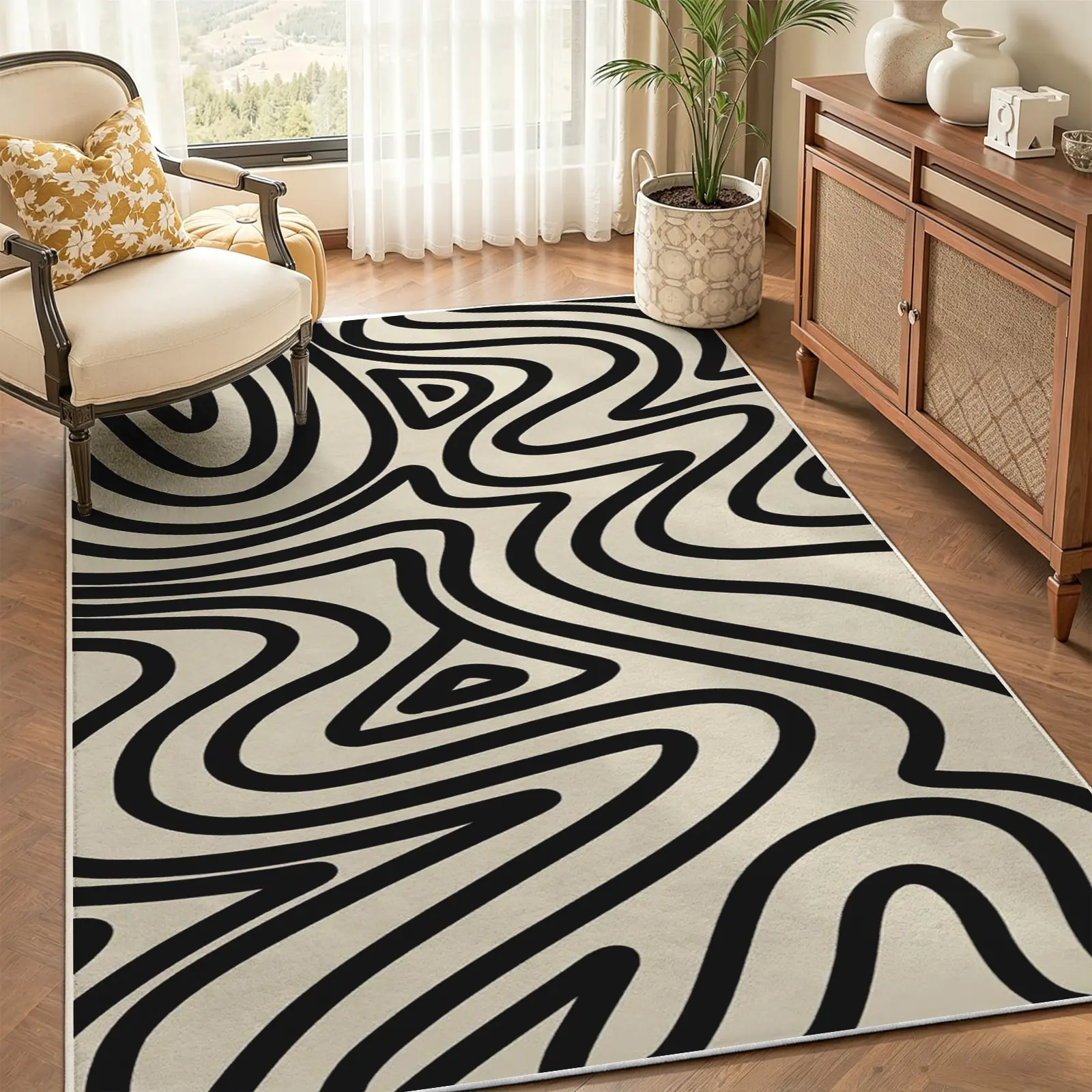 Modern Abstract Area Rug, Black White Wavy Line Pattern, Non-Slip Machine Washable Soft Faux Cashmere Carpet, Stain-Resistant Floor Rug for Living Room and Bedroom Decor, (Various Sizes)