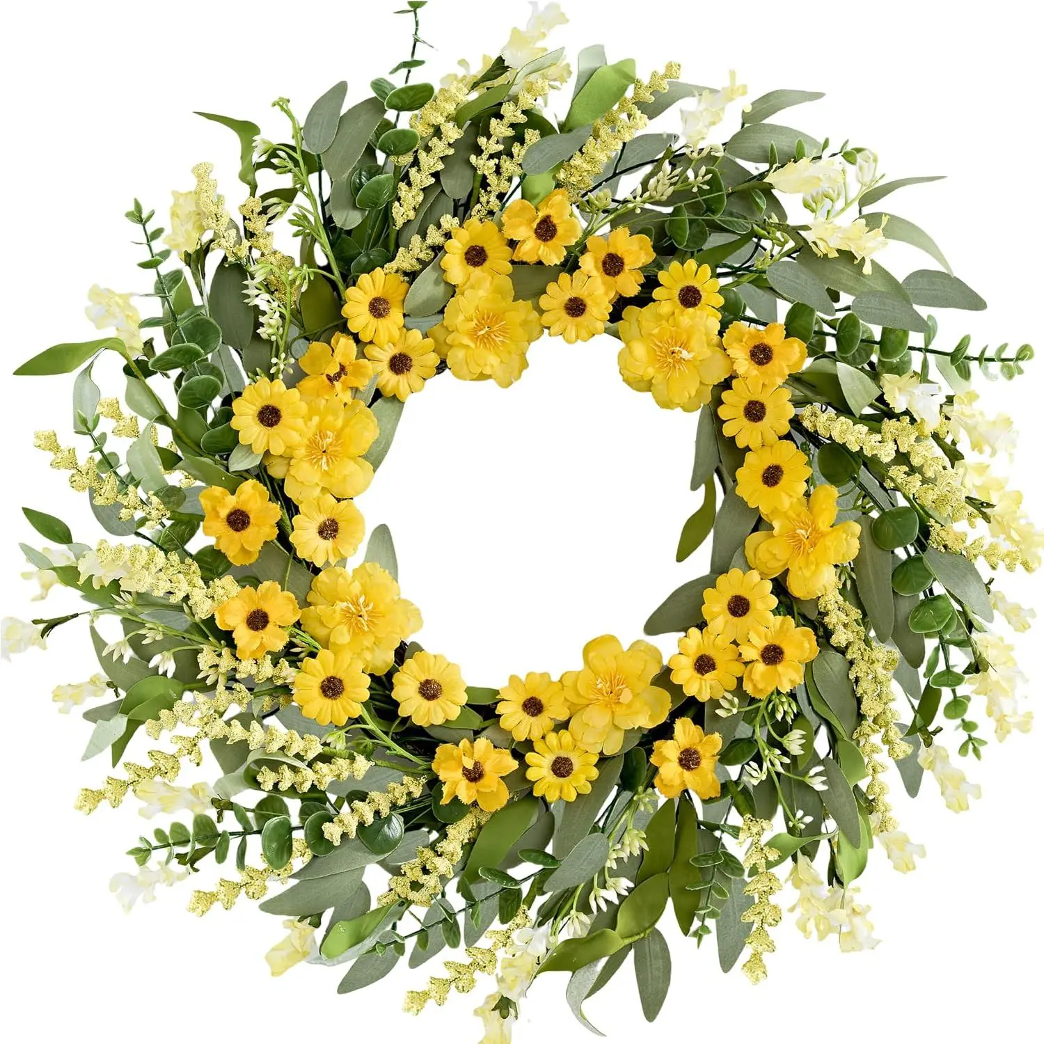 Spring Wreath 22 Inch Spring Wreaths for Front Door Artificial Summer Wreath with Yellow Daisy Green Eucalyptus Leaves Lavender for  Wall  Porch Springtime Easter Holiday