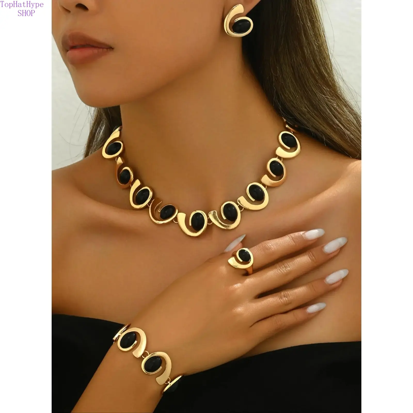 Women's Boho Elegant Costume Jewelry Set - Includes Necklace, Bracelet, Earrings, Ring - Sparkling Set, Trendy Versatile Accessories Kit, Perfect Gift for Daily Outfits, Party Wear, Gold Jewelry Sets, Adults