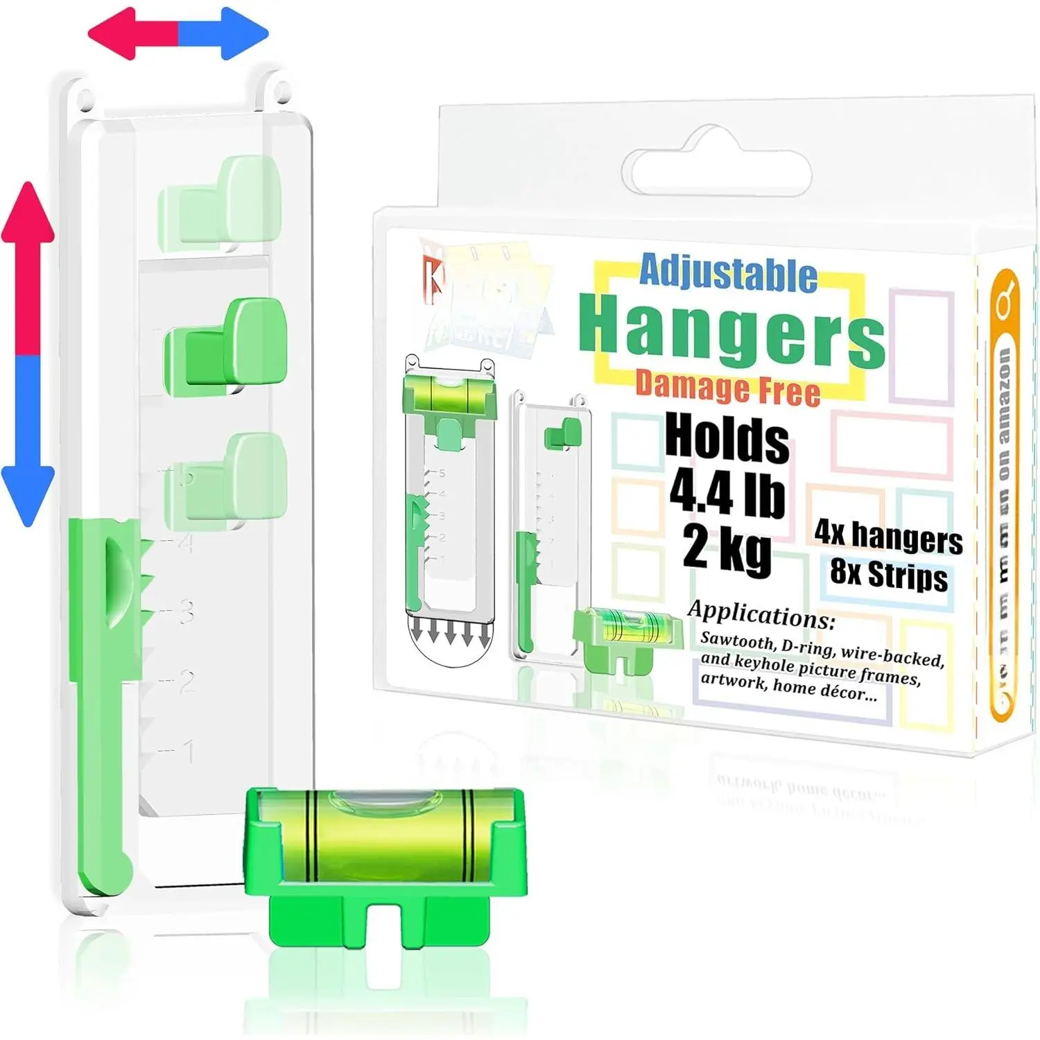 Adjustable  Free Picture  Frame Hangers, Wall Hooks with Adhesive Strips and Level Tool, Fits Sawtooth, Wire, D-Ring &  Frames, Canvas Art & Wall Decor,  Hold