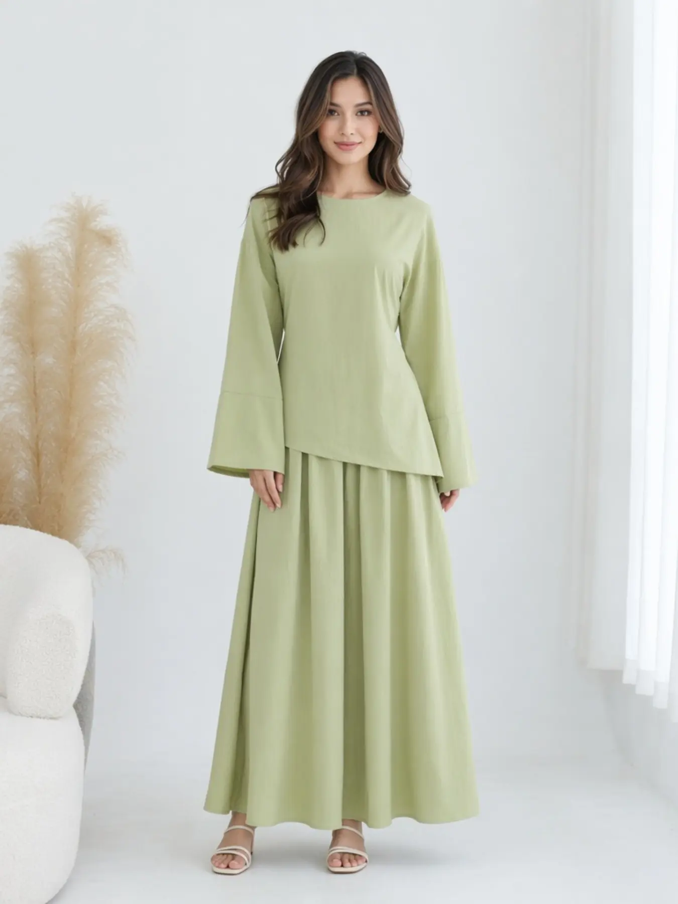 Muslim Women's Plain Two-Piece Set, Long Sleeve Top and Skirt with Pockets, Elegant Casual Abaya, Loose Fit Design for All Seasons