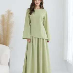 Muslim Women's Plain Two-Piece Set, Long Sleeve Top and Skirt with Pockets, Elegant Casual Abaya, Loose Fit Design for All Seasons