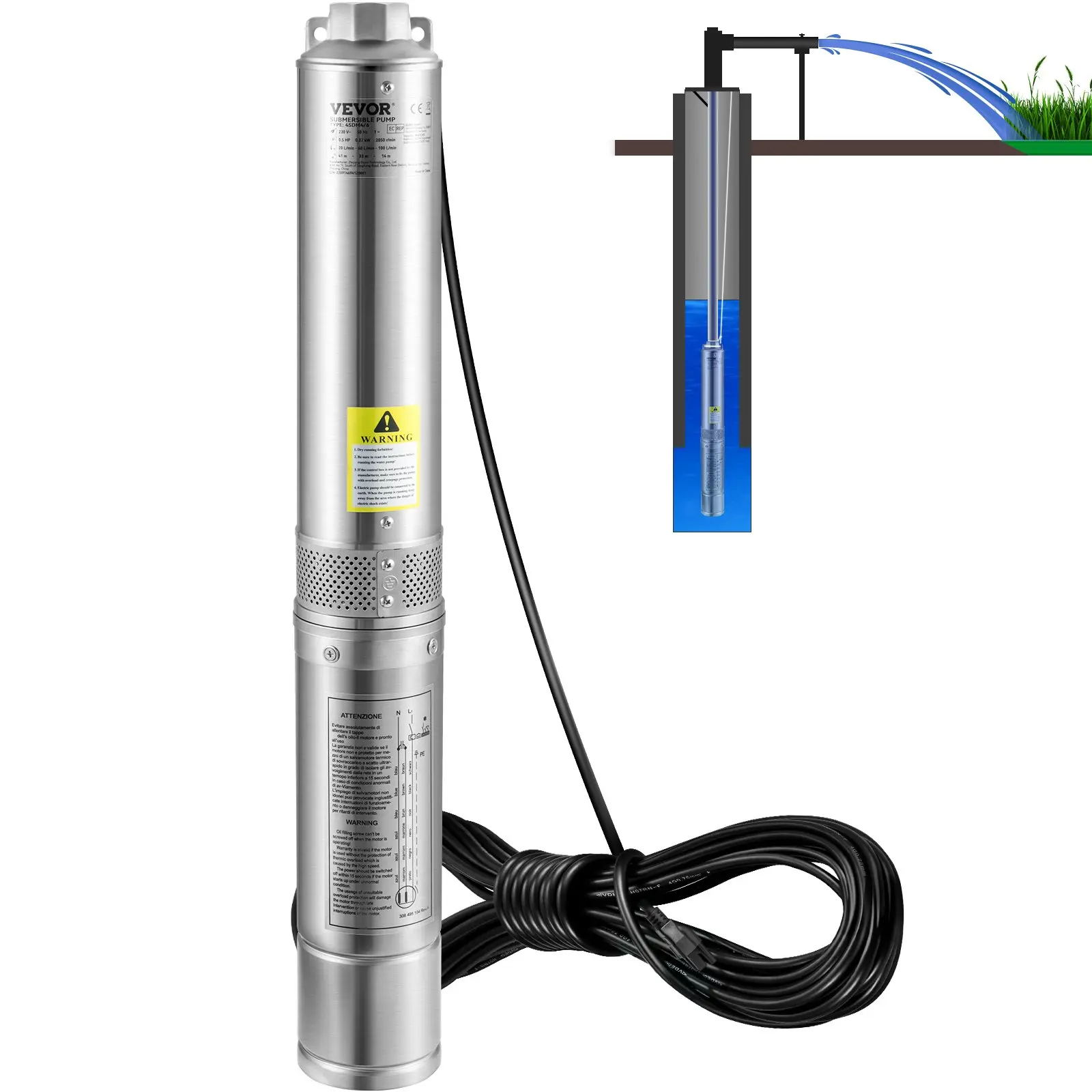 VEVOR Deep Well Submersible Pump, 0.5HP 115V/60Hz, 28gpm Flow 167ft Head, with 33ft Electric Cord, 4\" Stainless Steel Water Pumps for Industrial, Irrigation&Home Use, IP68 Waterproof Grade