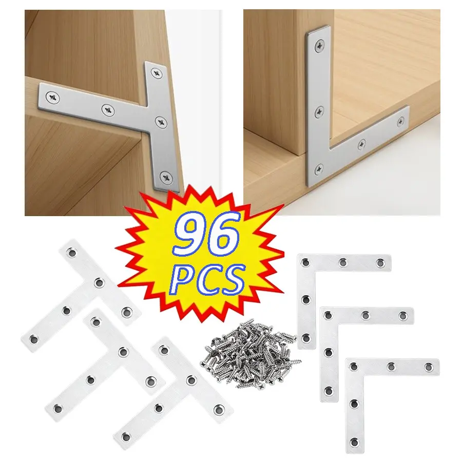 96pcs Stainless Steel L&t Angle Brackets, 90 Degree Furniture Connectors, Adjustable Shelf Supports, Durable Waterproof Hardware
