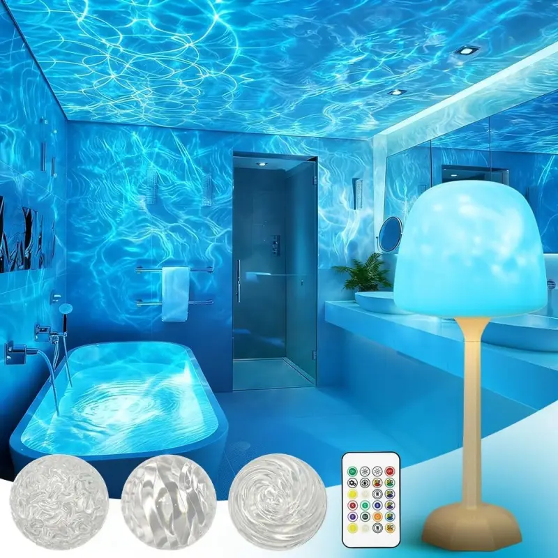 Waterproof Spa-Like Bathroom Ocean  Projector Lamp - 16-Color Cordless Rechargeable  with Remote Control & Touch Function, Indoor Shower Northern  Projector wave lights romantic night ambience dealsforyoudays scene -ocean