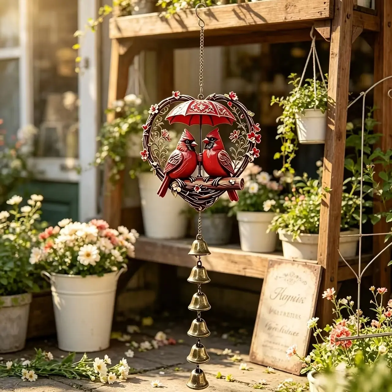 Large Finch Wind Chime with Bell, Handmade Metal Decorative Garden Decor, Durable Iron Hanging Ornament, Outdoor Indoor Decoration, Bird Lovers' Choice