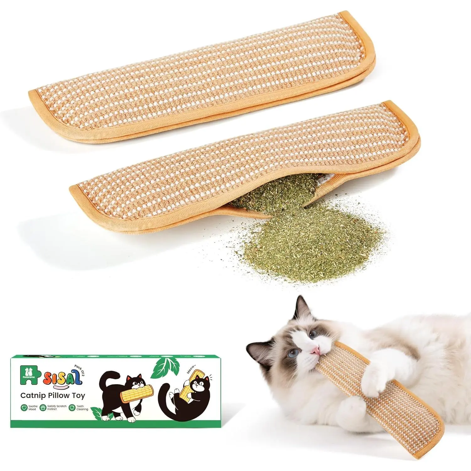 Potaroma Cat Toy 2-Pack contains 6000mg A+ organic catnip, made of soft sisal material, an indoor toy for cats to scratch and kick, keeping bored cats entertained with fun interactive chewing