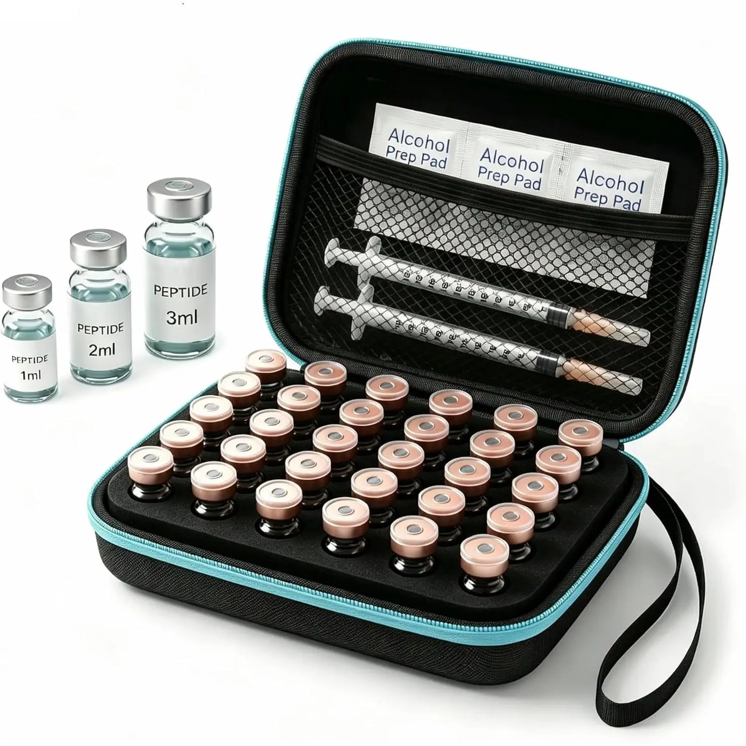 Insulin Fridge Holder Storage Case Peptide Vial Case for Fridge, 30 Slot Organizer for 1-3mL GLP-1 & Insulin Vials Hard Shell Protector Holder Insulin Cooler Travel Case with Zipper (Blue)