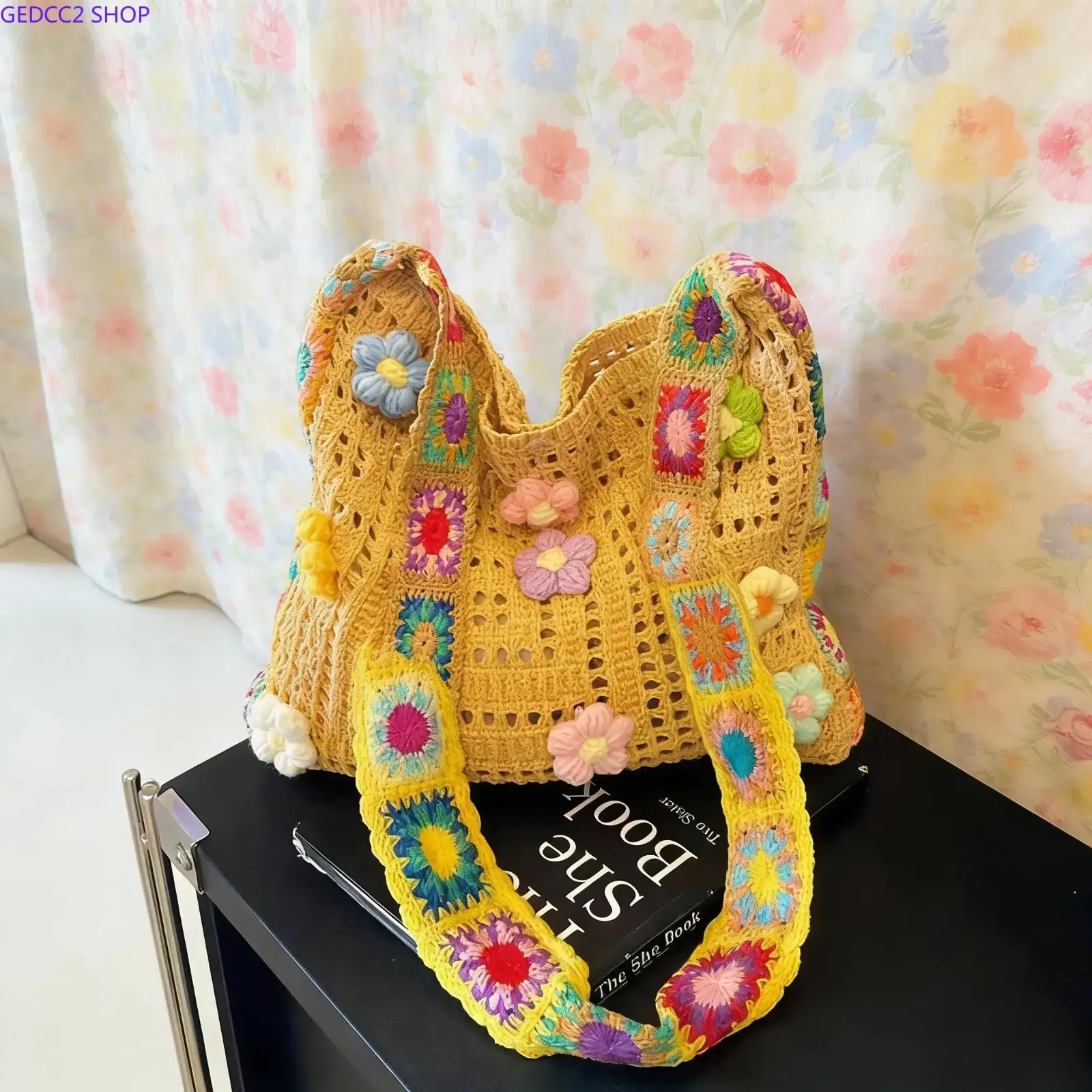 Women's 3D Flower Pattern Woven Fabric Tote Bag with Shoulder Strap, Large Capacity Boho Beach Bag for Summer Vacation Camping Hiking