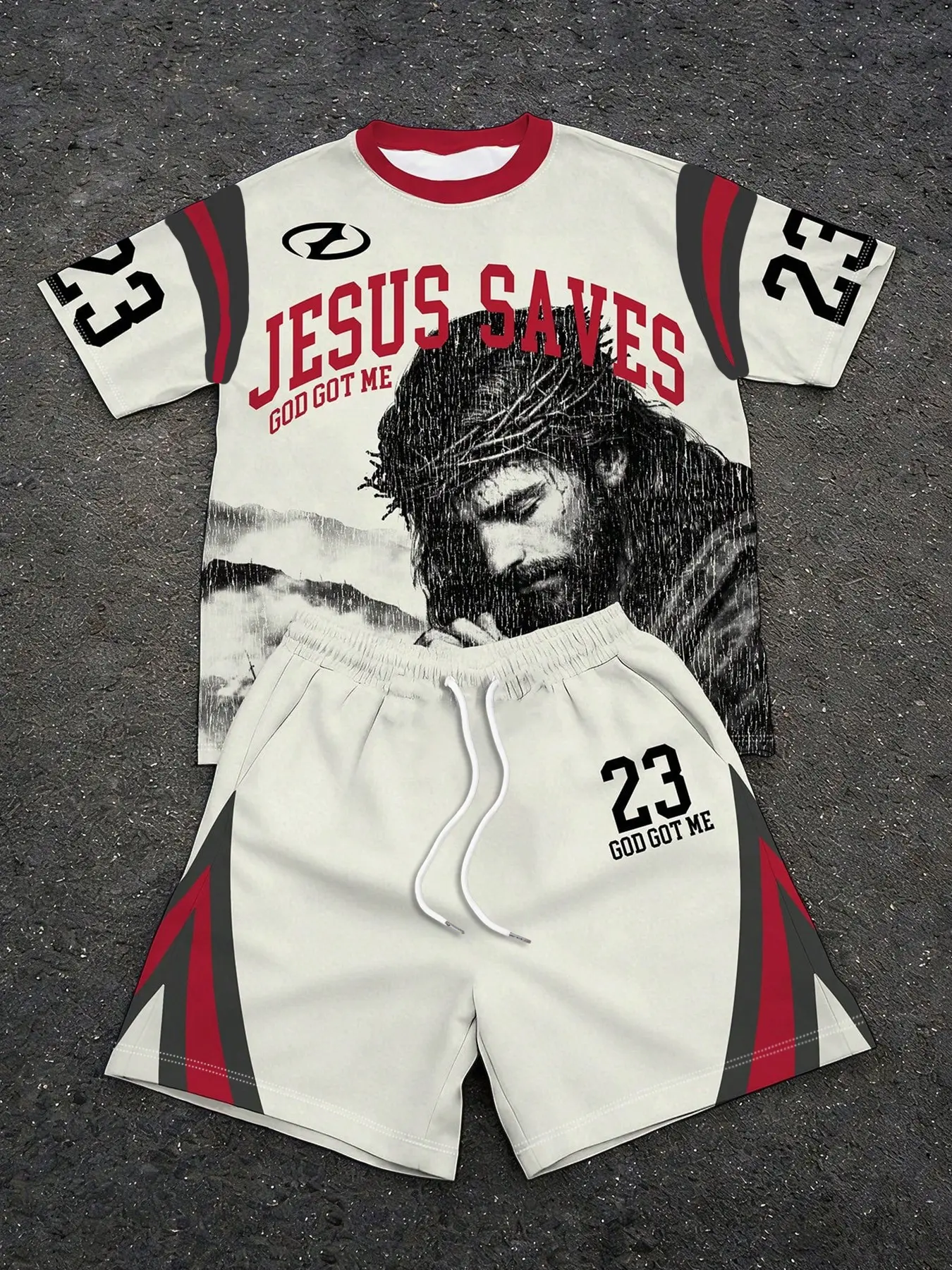 Unisex "JESUS SAVES" Jesus Print God Got Me No.23 American Football Style 2-Piece Set (T-Shirt + Shorts) | Y2K Religious High Street American Retro Streetwear Athletic Sportswear For Summer Set Football Jersey