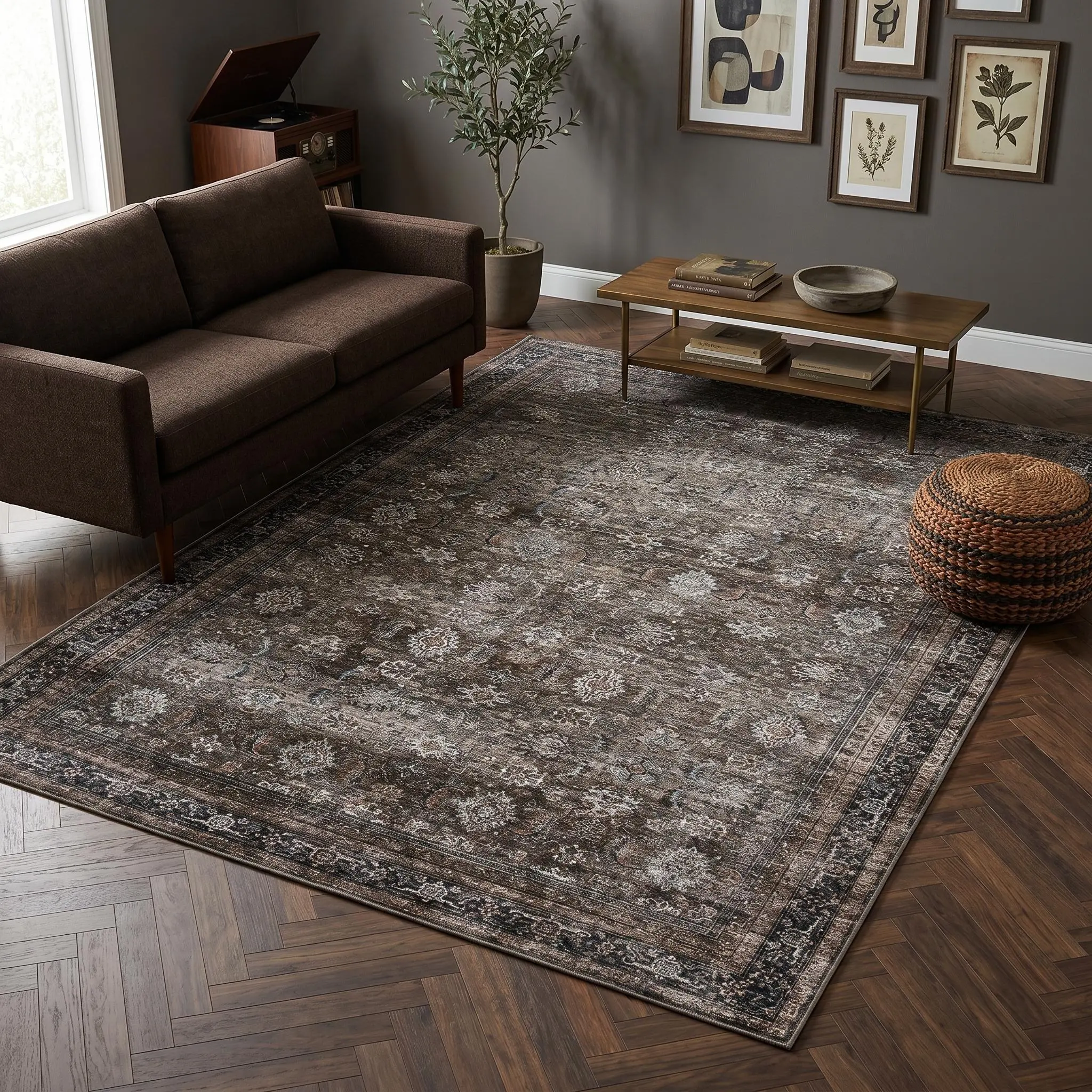Distressed Vintage Persian Floral Medallion Area Rug Thin Low Pile Non Slip Machine Washable Soft Durable Pet Friendly Indoor Floor Mat Rustic Boho Farmhouse Decor for Living Room Bedroom Kitchen Office Apartment Hallway Dining Room