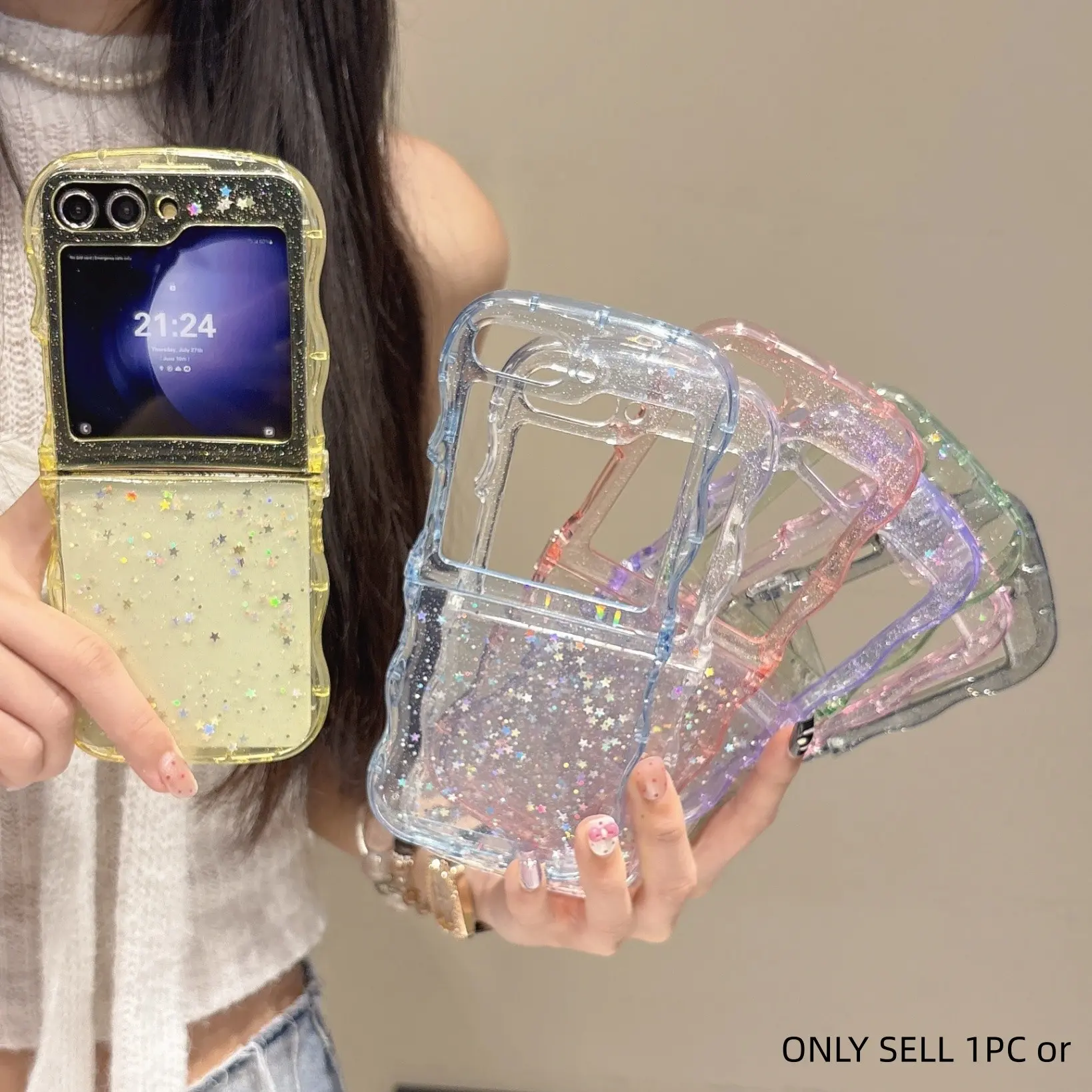 Wave Edge Glitter Phone Case for Samsung Galaxy Z Flip3-7 Se, Fashionable Minimalist New Design, Durable Shockproof Protective Cover Accessories, TPU Shell