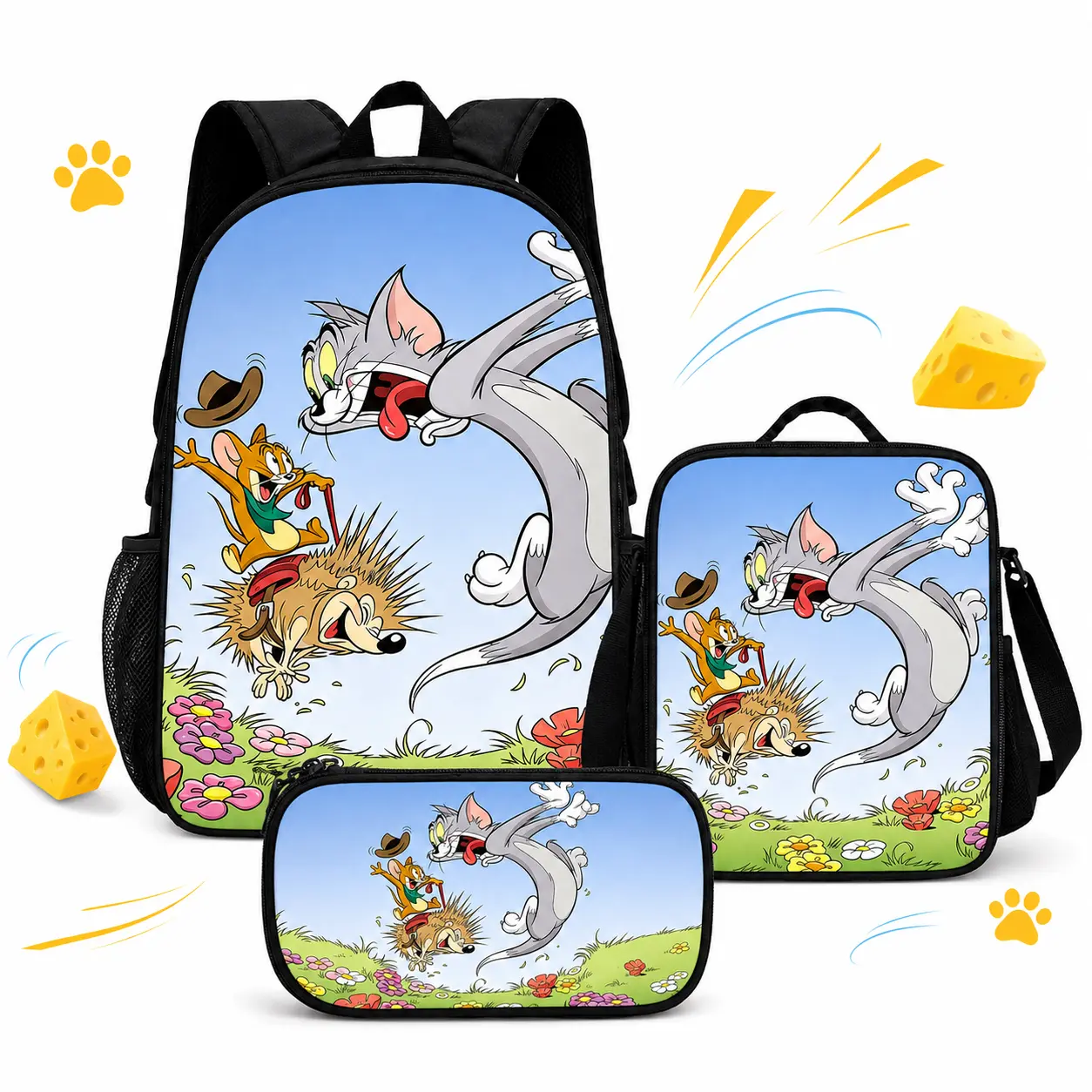 Tom and Jerry 3-Piece Backpack Set for Kids, Back to School Set with Lunch Bag and Pencil Case, Lightweight Adjustable Straps# sport bag# bookbag# school backpack# multiple style# casual daypack backpackk# anime backpac,Pa,Men,Chri,Drawstring,Gym,Sackpack