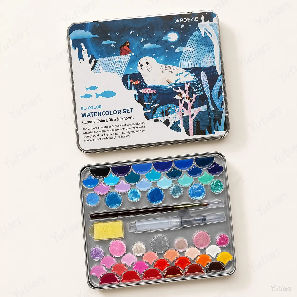Portable 52 Colors Watercolor Set in Metal Tin Box, Travel Painting Supplies, Rich Pigment Shell Pans with Water Brush, Detail Brush & Sponge Complete Painting Kit