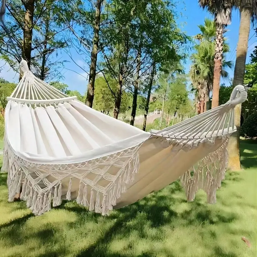Brazilian Pattern Double Hammock, White And Red With Lace, Heavy-Duty Hammock, Thickened Fabric, Can Bear 400LB, Complete Accessories, Garden Hammock, Camping Hammock