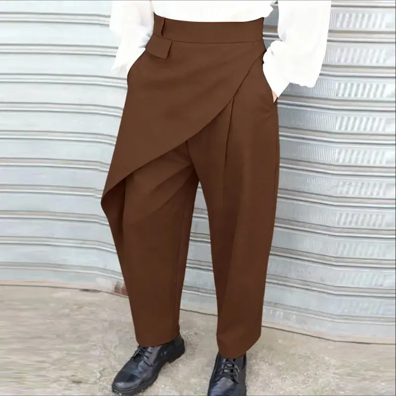Men's High-Waist Asymmetrical Smart Casual Pants with Layered Skirt Overlay, Tapered Designer Business Work Trousers for Mensfashion Office Occasions, Art Exhibitions Attire