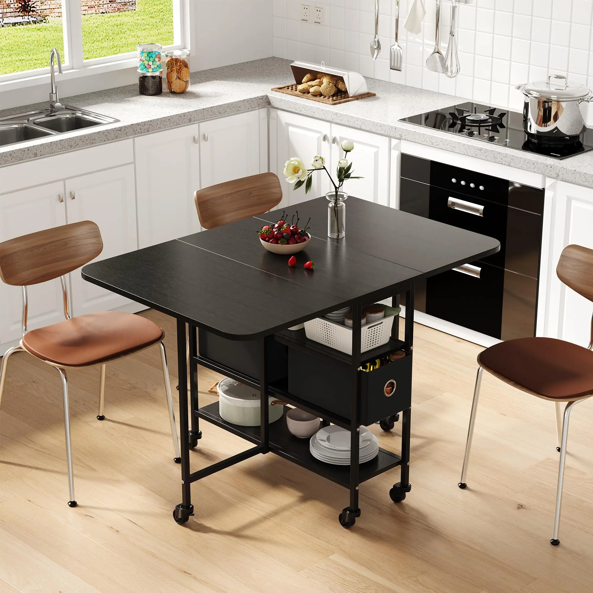 Drop-Leaf Folding Dining Table/Kitchen Island Cart with 2 Storage Drawers, Rolling Extendable Table on Wheels for Small Spaces, Natural Wood Finish