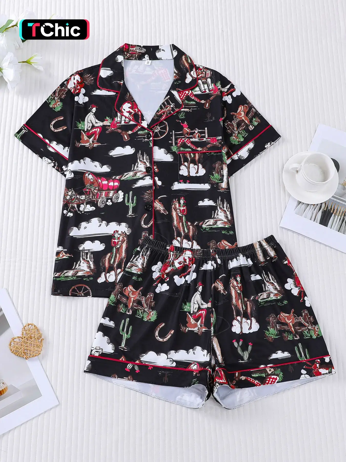 Women's All Over Cowboy Print Lapel Shirt & Shorts Pajama Two-piece Set, Casual Comfy Short Sleeve Top & Shorts PJ Set, Lounge Pajama Style, Summer Sleepwear Loungewear, Homewear
