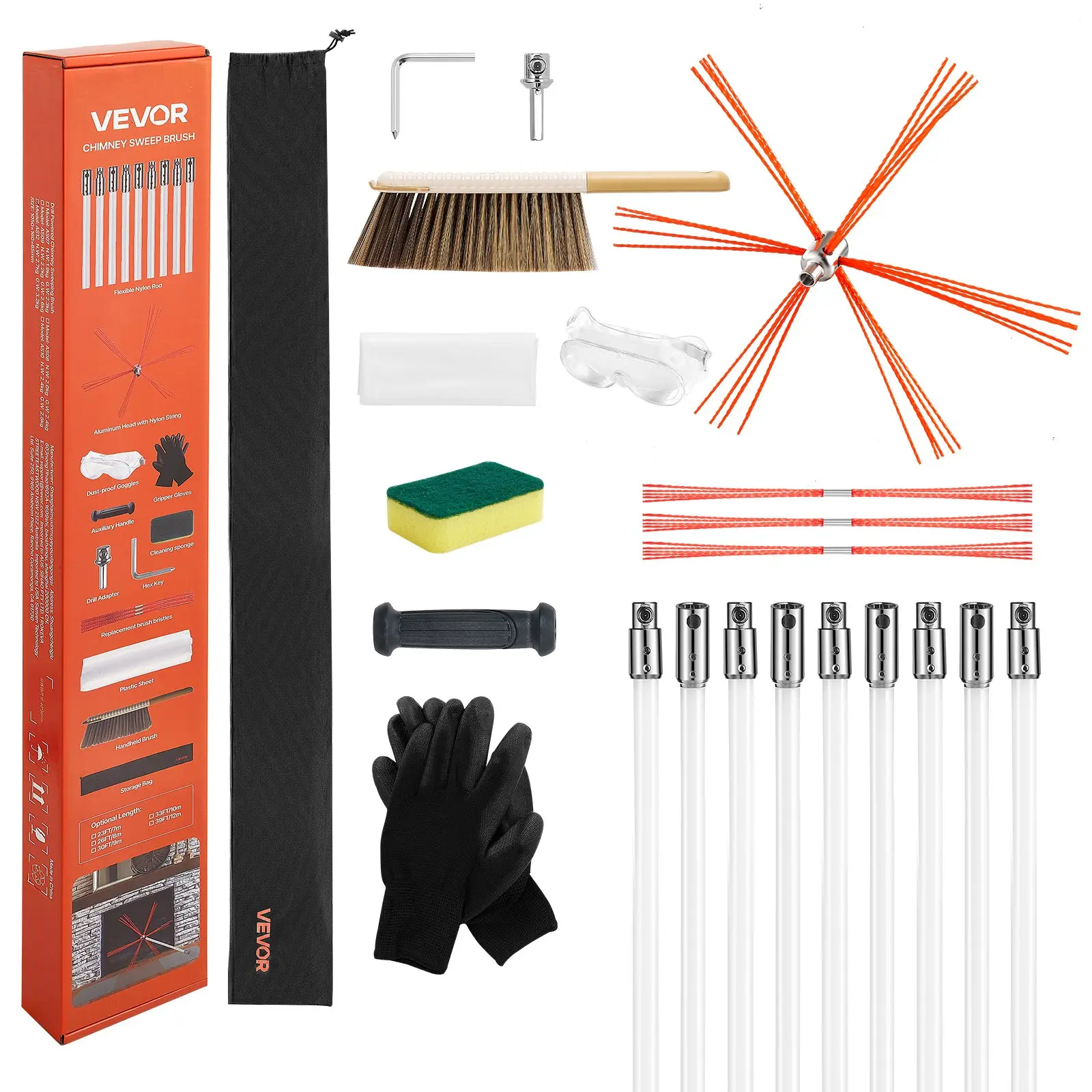 【Summerfinds】VEVOR Chimney Sweep Kit, 30 ft Maximum Extendable Length Chimney Sweep, Chimneys Cleaning Kit with Bristle Replacements & Goggles, 90° Bendable Fireplace Cleaning Tool, for Square, Rectangle Chimneys