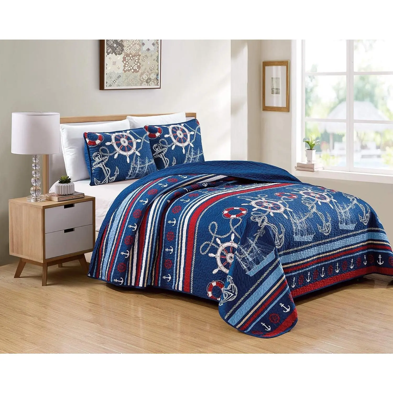 Home Linen Bedspread Set Navy Blue Red White Ships Rope Anchor Stripes New (Twin/Twin Extra Long)
