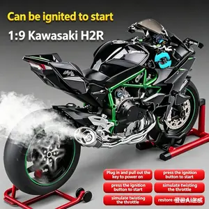 Key Ignition Exhaust Spray Carbon Fiber 1:6 Kawasaki H2r Alloy Motorcycle Model, Dual Lift Stand Sound Light Shockproof, Gift Box