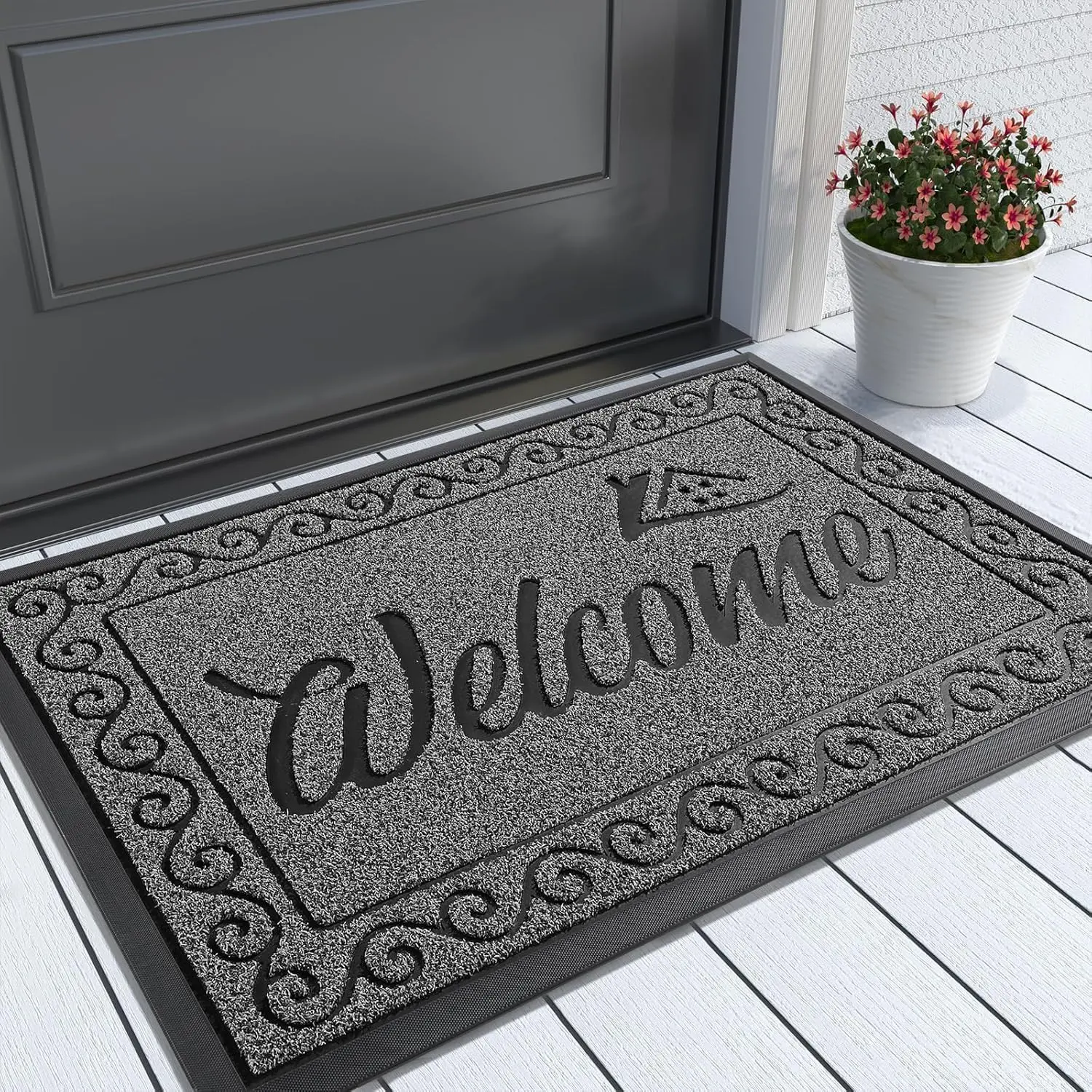 Welcome Mat, Heavy Duty Sturdy Door Mats for Home Entrance Outdoor Indoor, Front Doormat for Outside Patio Floor Entry Porch Garage Office, Waterproof, Low Profile, 29.5x17, Black Grey