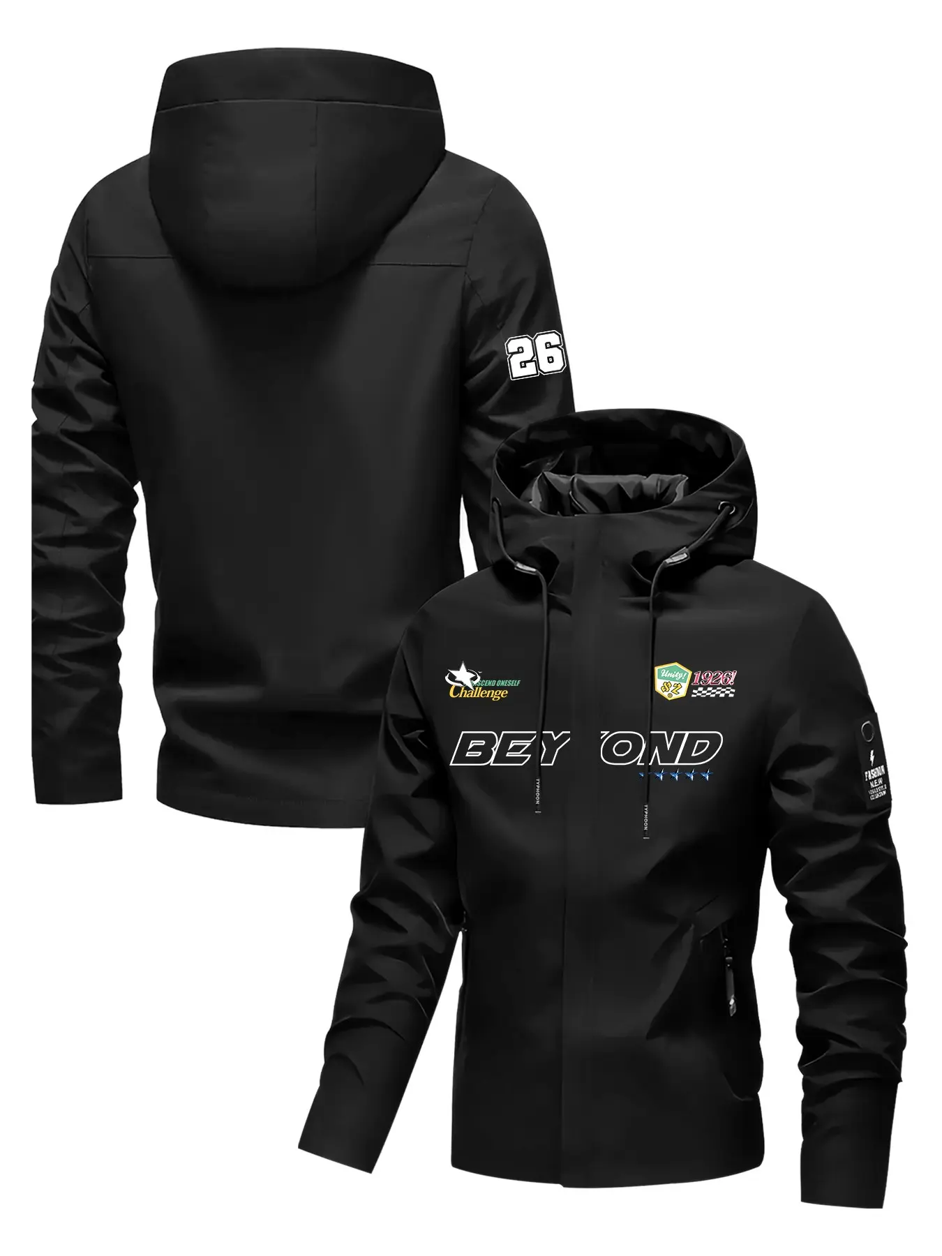 Beyond Race Badge Print Windbreaker Jacket, Lightweight Outerwear for Hiking, Camping, Daily Use, Casual Loose-Fit