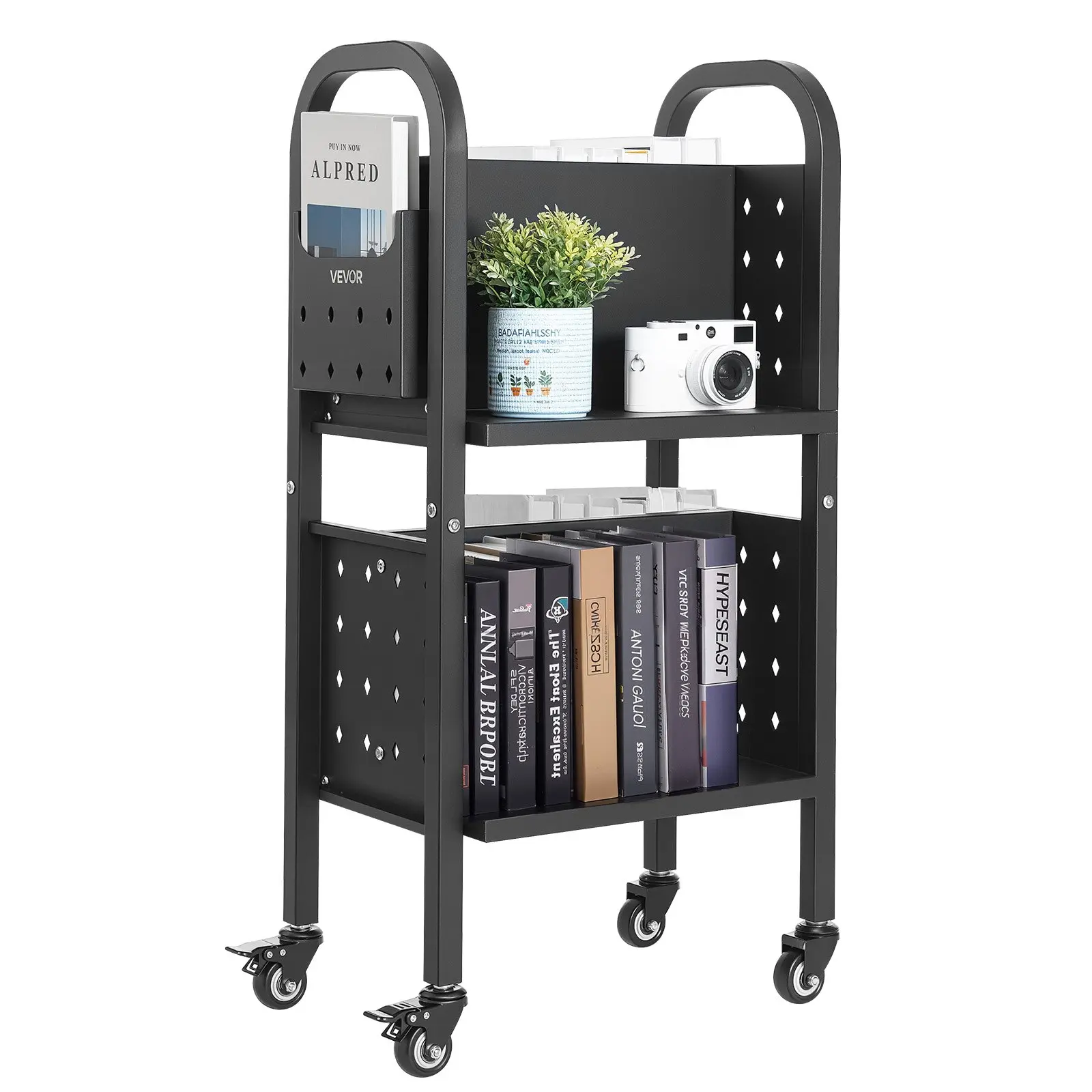 【Summerfinds】VEVOR Rolling Library Book Cart, 150 lbs Capacity, 17.7x 13.0x 34.6-Inch Library Cart, Double Sided L-Shaped Shelves with 2-Inch Lockable Wheels, Book Truck for Home Shelves Office and School, Black