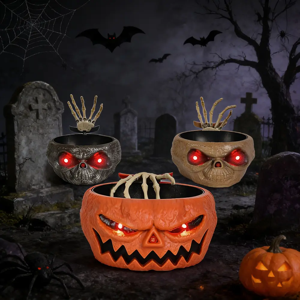 Spooky Scary Halloween Animated Pumpkin Candy Bowl - Home, Festive Party Decoration with Motion-Activated Skeleton Hand for Trick-or-Treat Pranking
