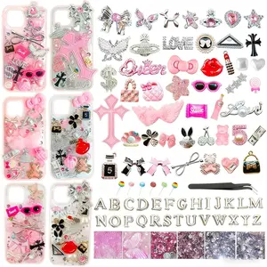 Junk Case Charms Kit, Pink y2k Glitter Phone Case Charm with Storage Box, Kawaii DIY Accessories for Bags, Shoes, Crafts,Cute Bow,Resin Flat Bottomed Drill,Star Letters,Butterfly