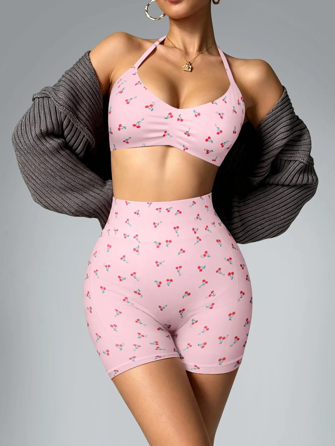 Women's Sporty Cherry Print Set, Stretch Breathable Tank Top and High-Waisted Workout Shorts, 2-Piece Fitness for Yoga, Running, Gym, Matching Workout Set, Yoga Sportswear Set