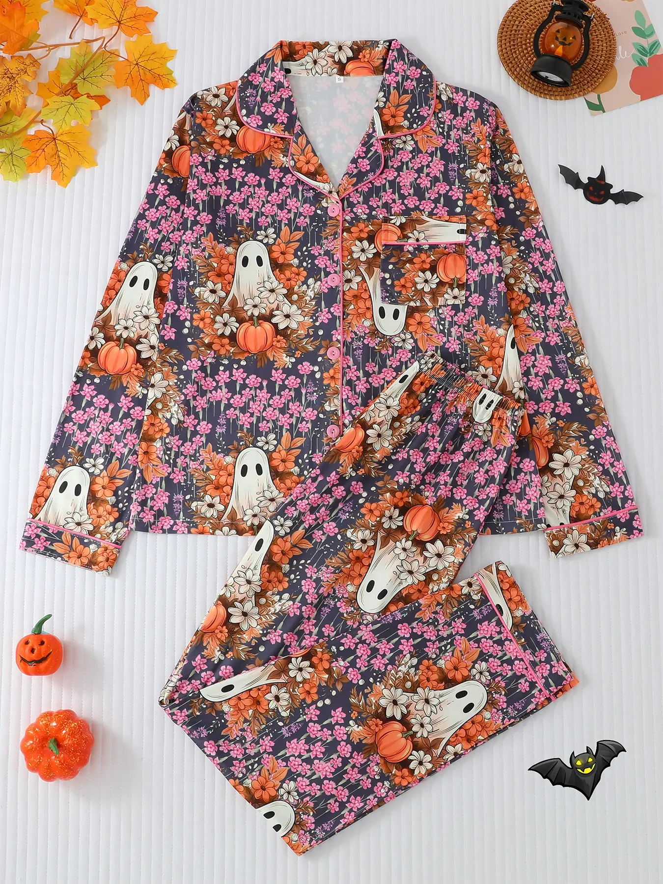 Women's Halloween Pajama Set, Nightwear Loungewear Set, Long Sleeve Button-Down Top & Elastic Pants, Casual Pumpkin Ghost Print, All Seasons Comfortable Sleepwear