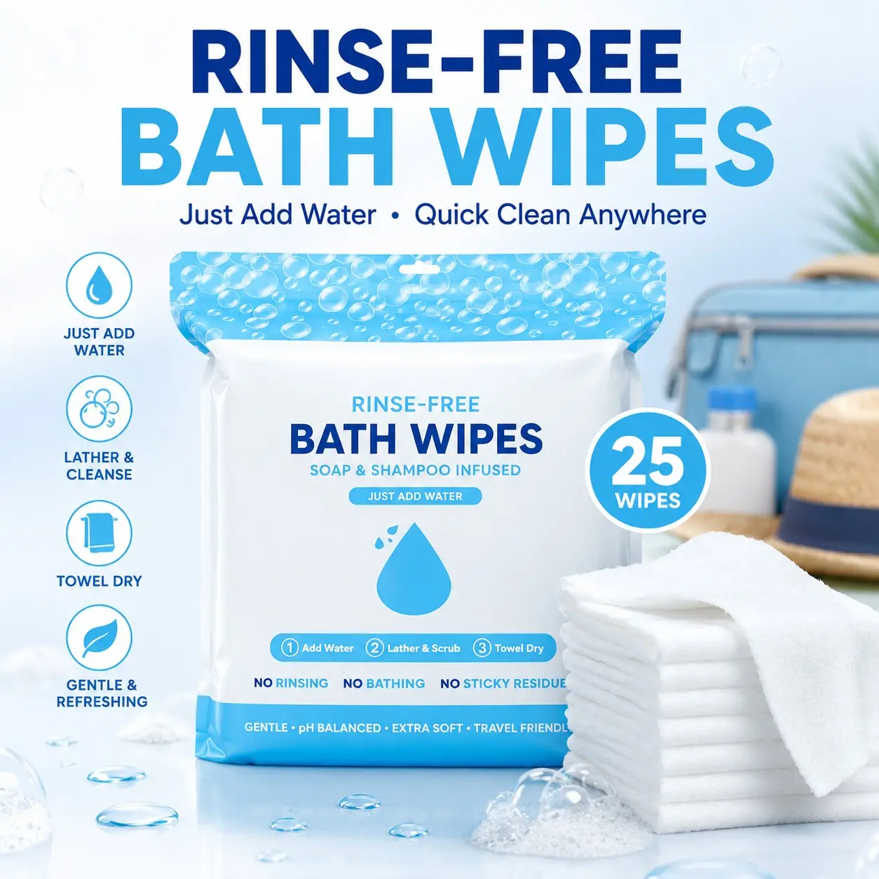 25 Pack Rinse-Free Bath Wipes, Soap Infused Body Sponges, Bath Essentials, Travel Camping Gym Quick Clean Shower Wipes