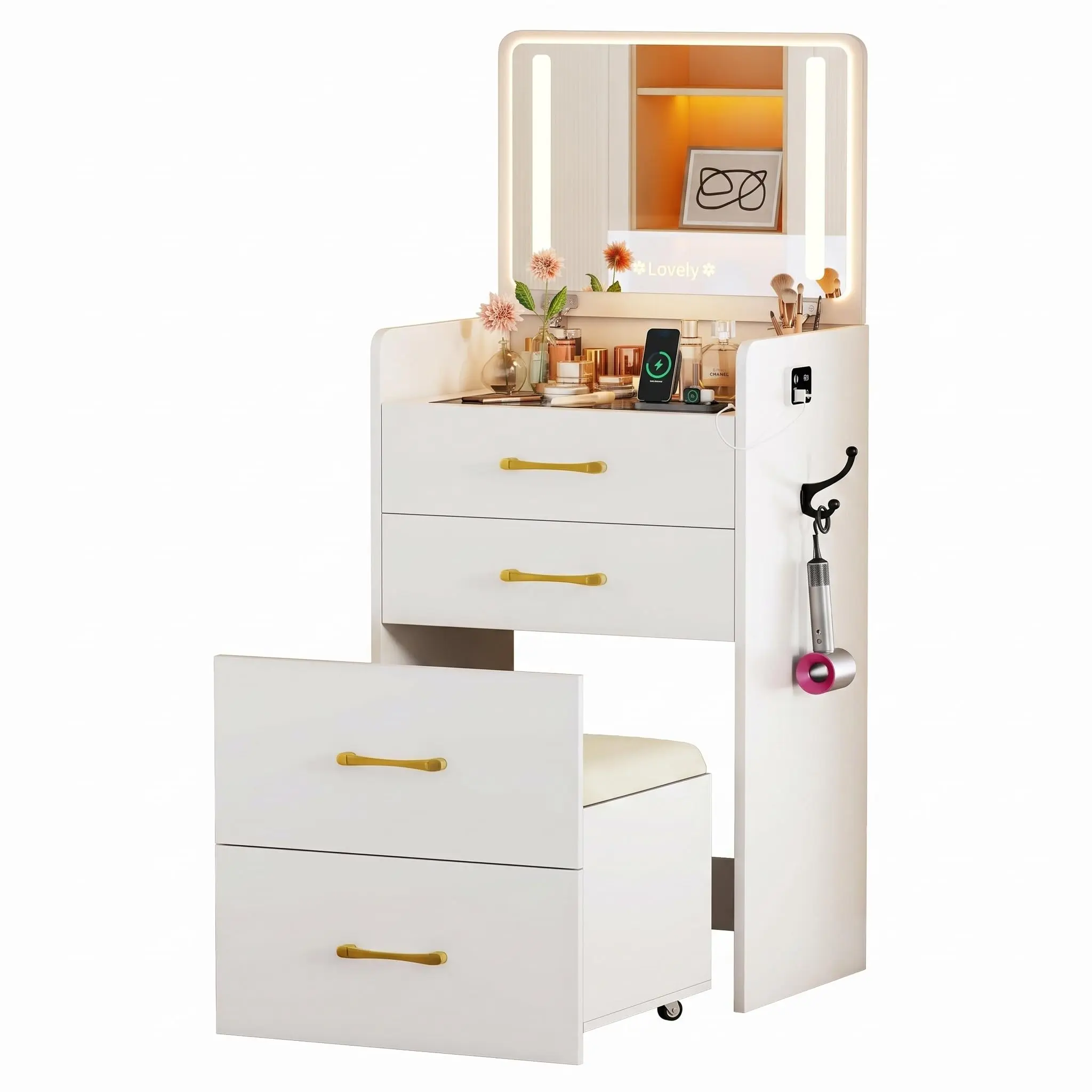 Mini Makeup Vanity Desk with LED Lighted Mirror, USB Charging Station, Hidden Rolling Stool, USB Charging Station