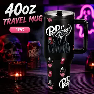 1PC 40oz Insulated Travel Mug with Handle, Double Wall Stainless Steel Tumbler, Leak-Proof Lid, Keeps Drinks Cold 24hrs and Hot 12hrs, Horror Halloween Dr Pepper Graphic Design Coffee Cup, Drinkware, for Daily Use, Travel, Office