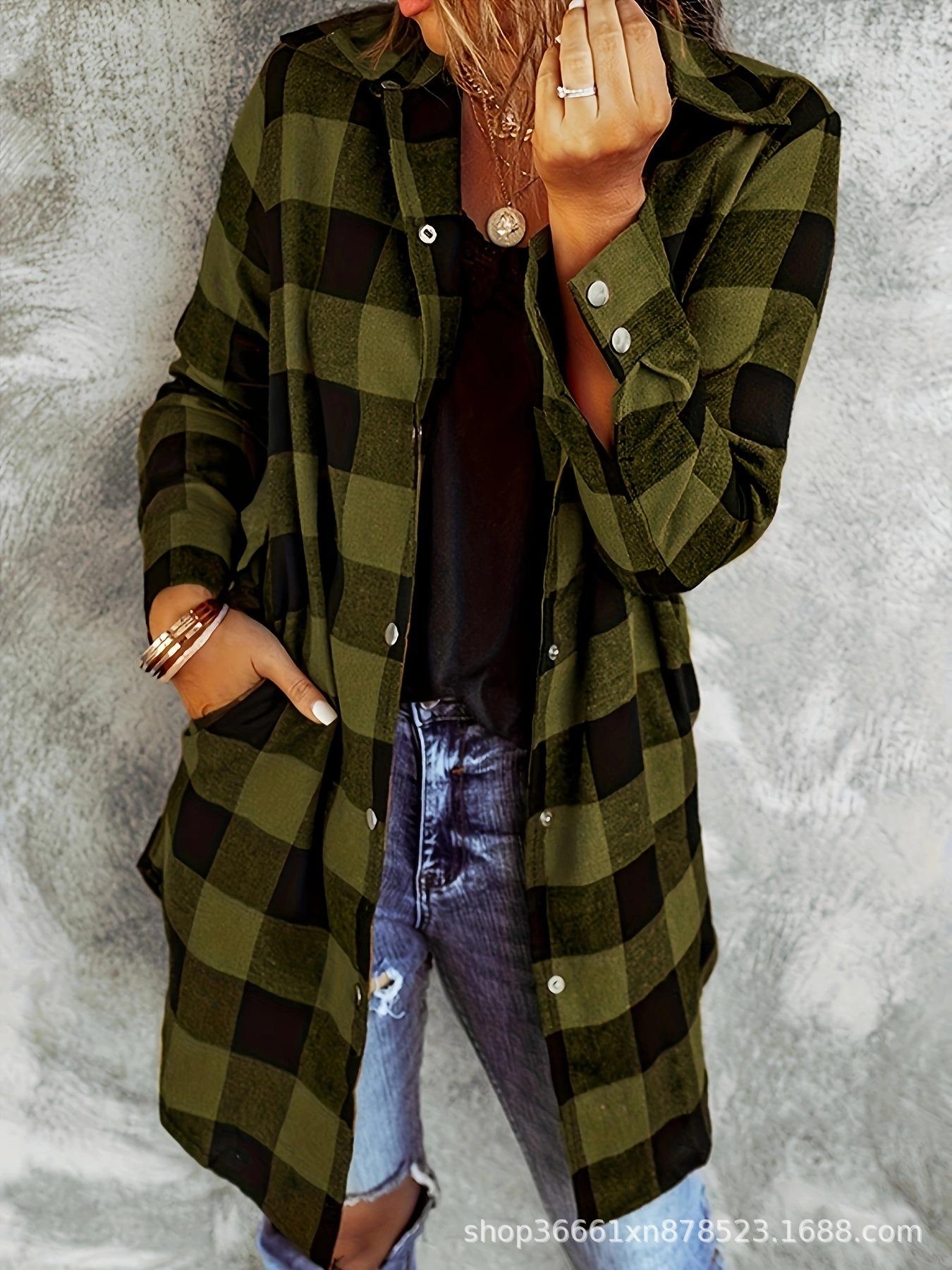 Women's Plaid Shirt Jacket, Long Sleeve Button Front Blouse, Casual Fashion for All Seasons, Ladies' Stylish Outerwear