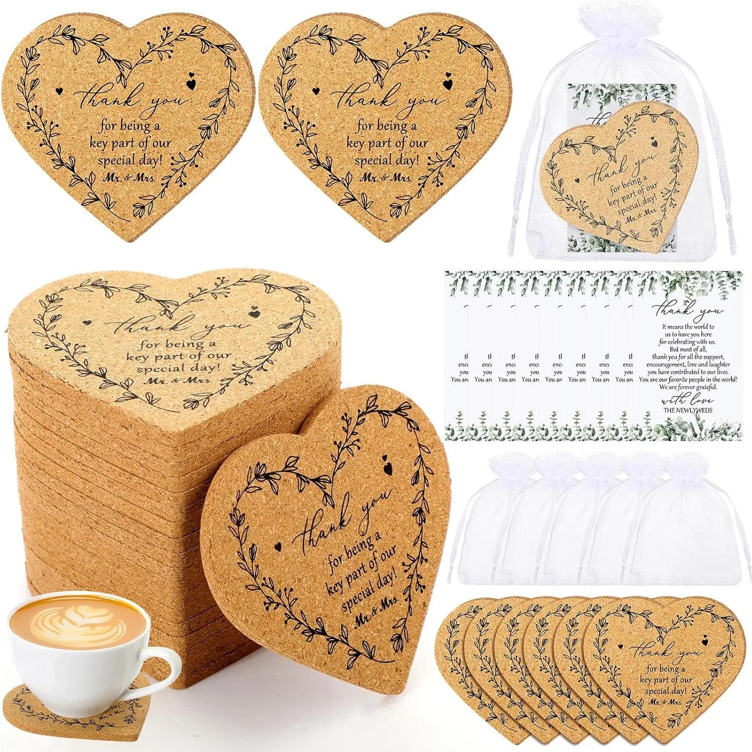 50 Sets Rustic Wedding Favor Coasters, Heart Cork Coasters for Guests, Mr & Mrs Coaster Favors with Thank You Cards & Organza Bags, Bridal Shower Party