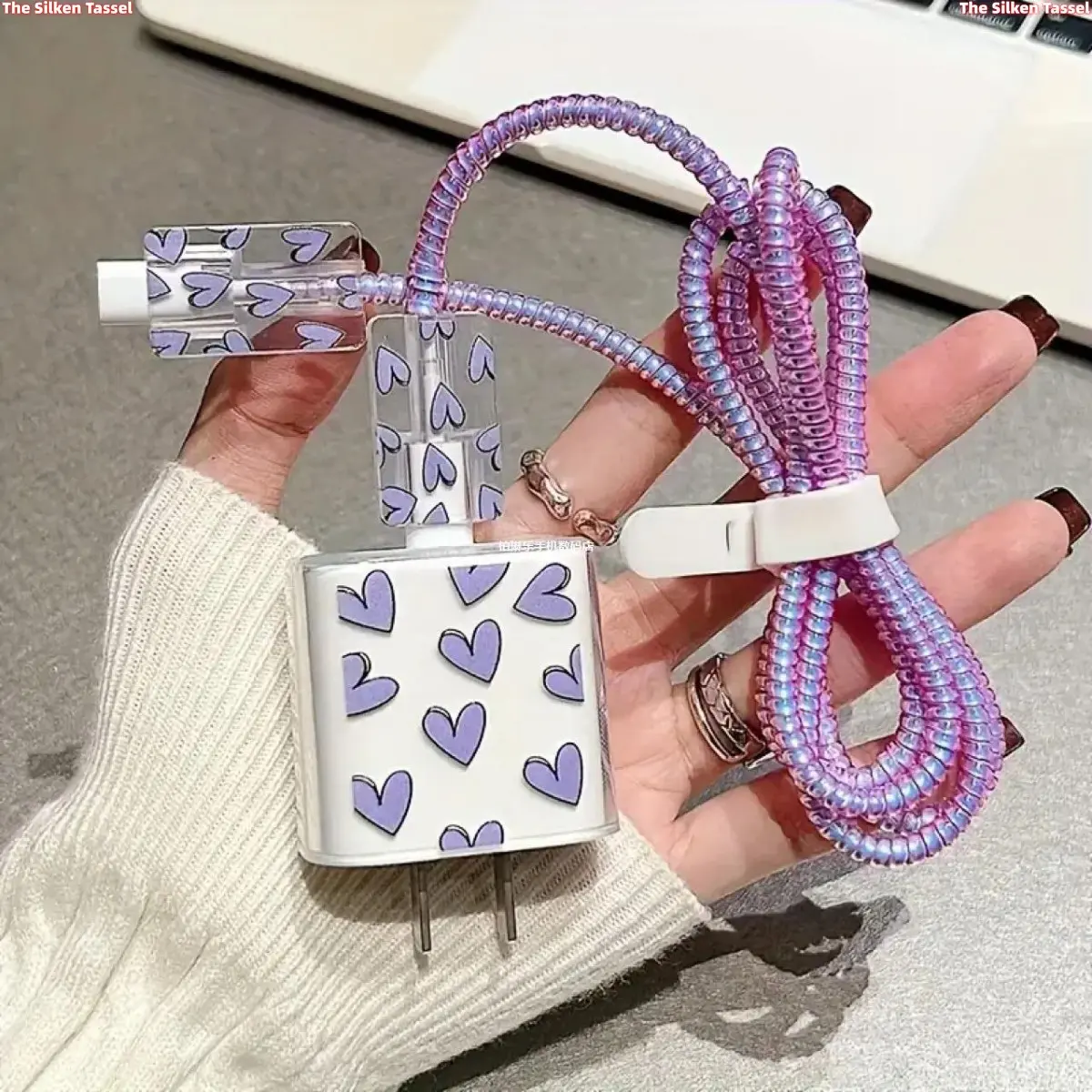 Cute Purple Heart Full Set Charger Protector Kit Compatible with iPhone PD Charger, Clear Heart Print Charger Head Case + Cable Protector + Glitter Coiled Cable Wrapper + Cable Organizer Strap, Anti-Break Data Cord Protective Accessory tiktokshopbacktosch