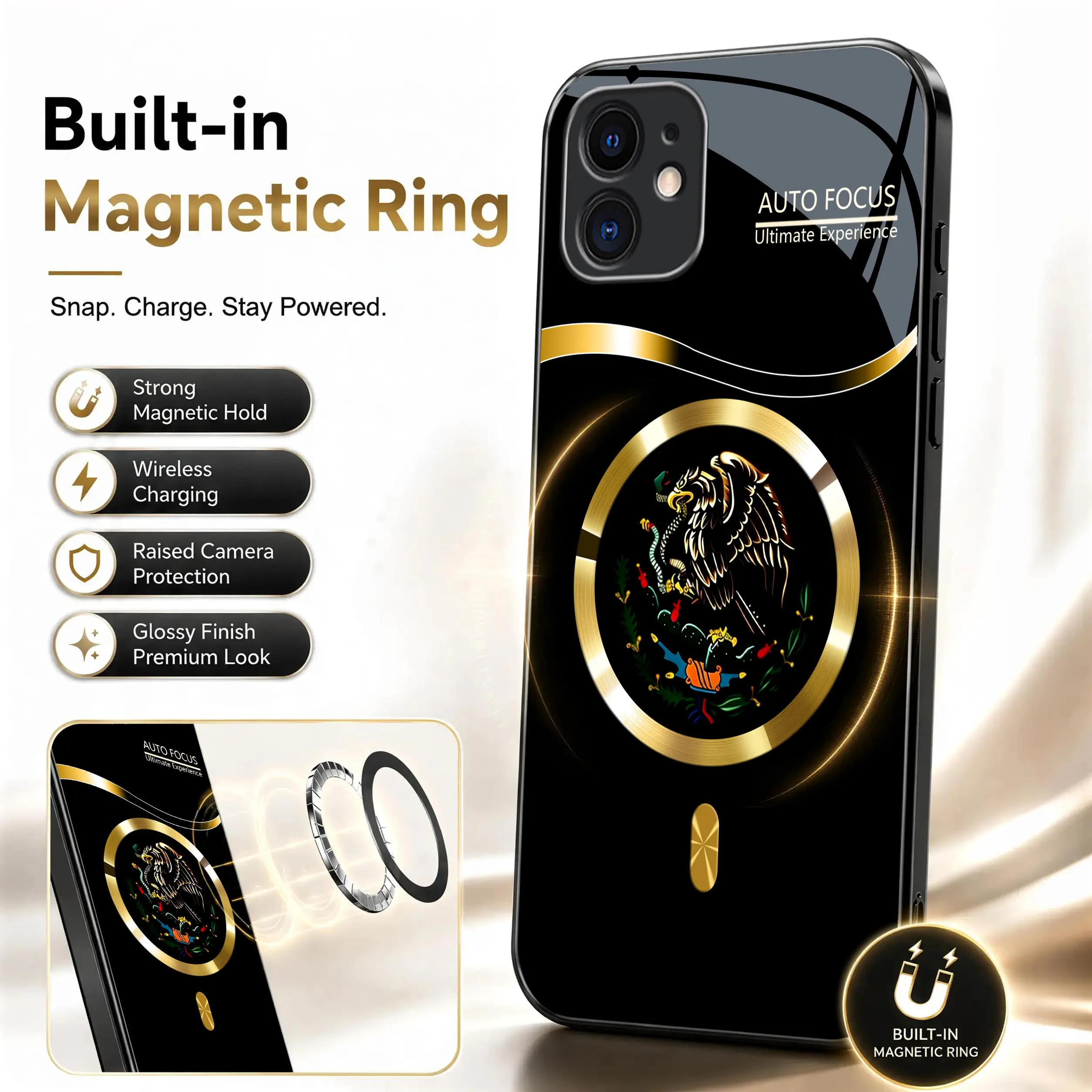 Suitable for【iPhone 11】Phone Case, Mexican Eagle Ethnic Totem Phone Case, Vintage Latin Culture Print Design, Shockproof & Wear-Resistant Protective Cover, Magnetic Charging Glass Case, MagSafe，Unisex Ethnic Style Phone Case.XS9527