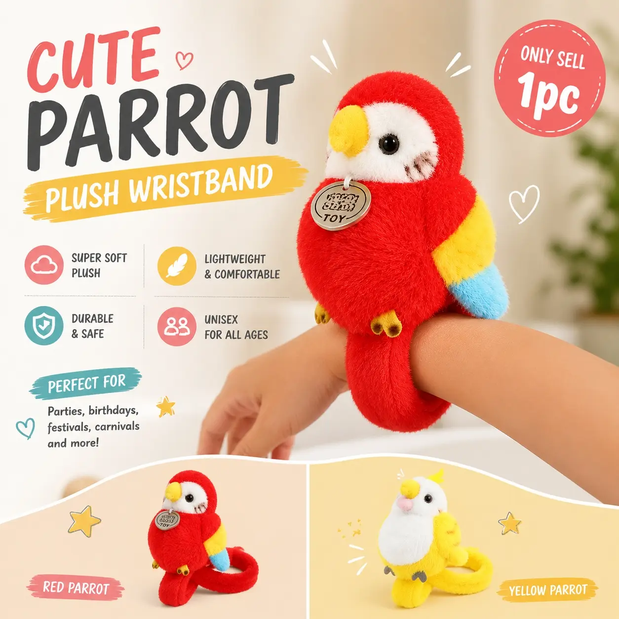 1pc Cute Parrot Plush Party Wristband, Colorful Bird Animal Party Bracelet, Collectible and Wearable Cute Doll Snap for Parties