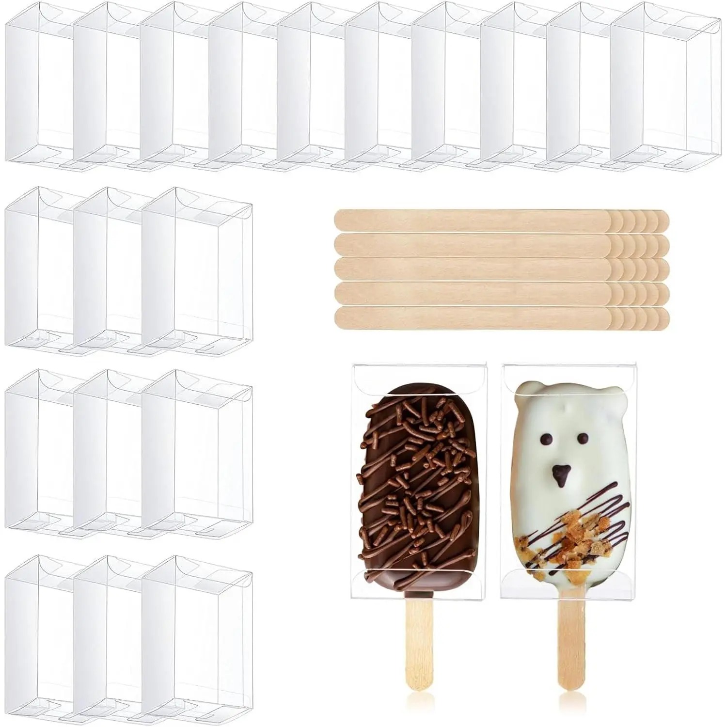 60 count Ice Cream Cakesicle Boxes Set, 30 Clear Cake Pop Boxes & 30 Wooden Popsicle Sticks,Transparent Cakesicle Packaging for Birthday Parties,  Shower Weddings & Diy