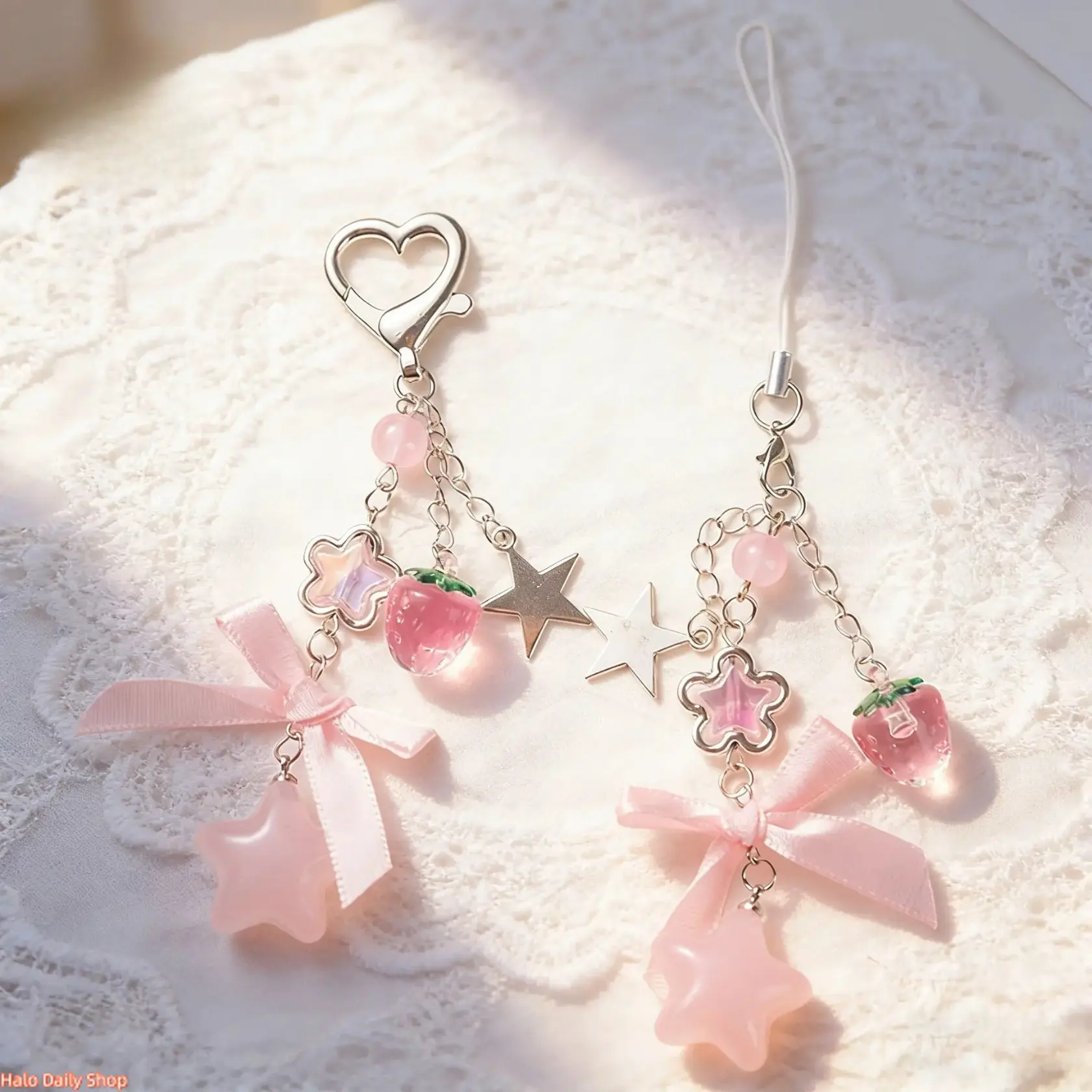 Cutecore Strawberry & Star Phone Charm Set with Pink Ribbon Bow, Lanyard Keychain Accessory for Phones & CCD Cameras, 2Pcs, Star Motif, 2 Pcs Set, Acrylic Charm Keychains, Two Charms, Star Shapes