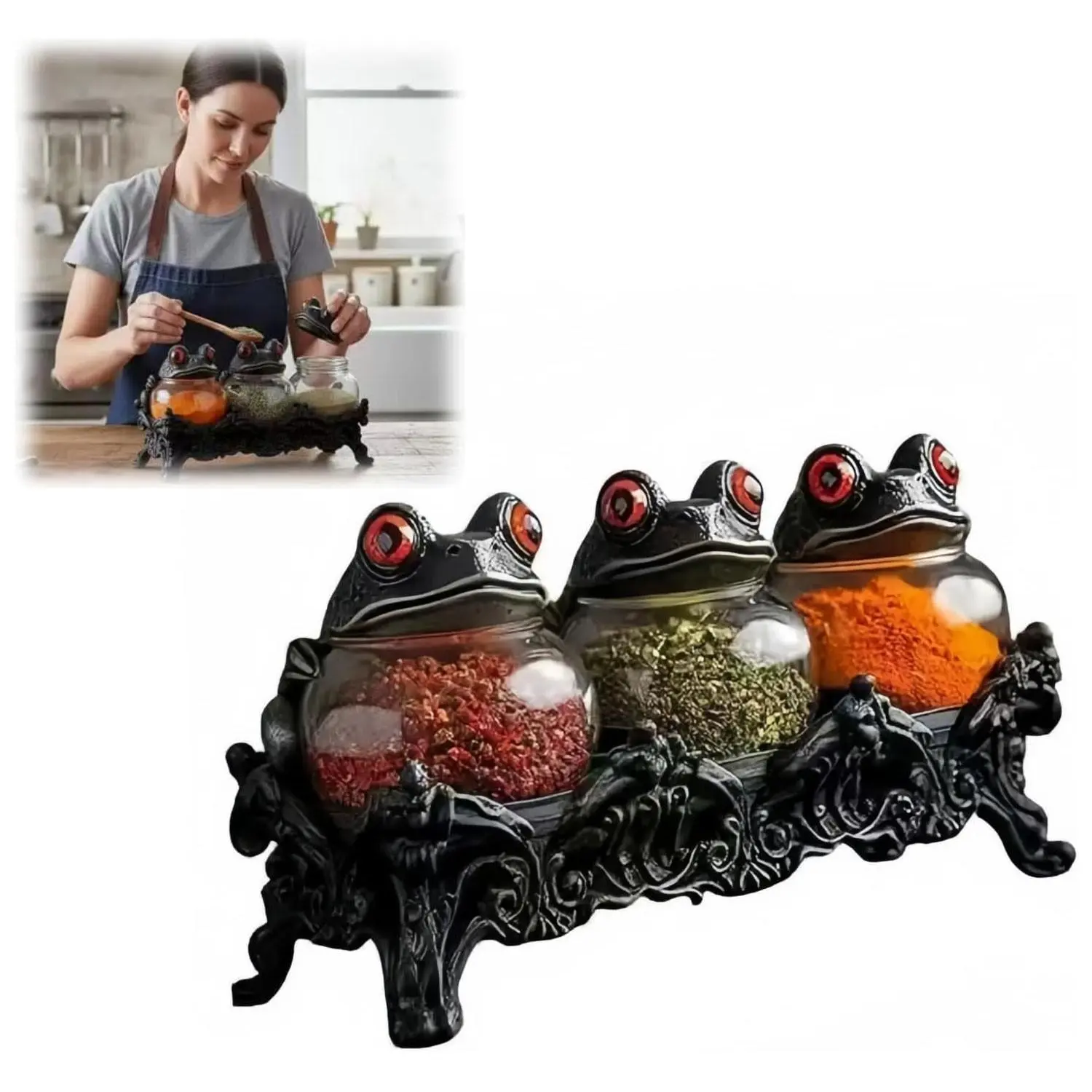 New Wizard Frog Pharmacy Spice Canister, Condiment Jars - 3-piece set, with frog lid, retro witchcraft Halloween kitchen decoration, suitable for salt, pepper, herbs and tea, perfect home gift for Halloween, Christmas, Thanksgiving and birthday