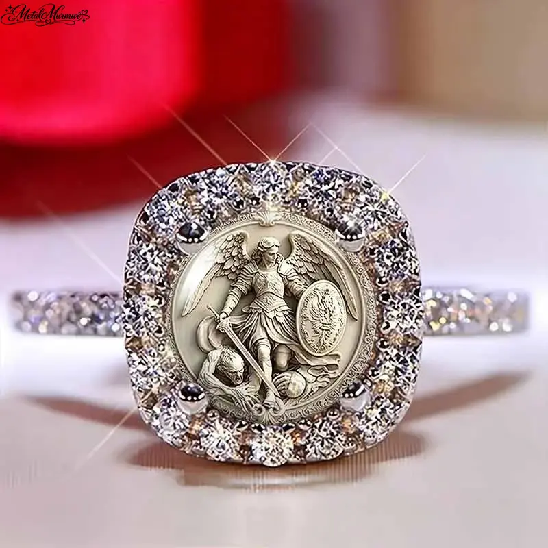 Vintage Saint Michael Archangel Statement Ring, Crystal Halo Square Signet Ring with Guardian Angel Relief Artwork, Adjustable Christian Faith Jewelry for Women & Men, Meaningful Daily Wear Gift