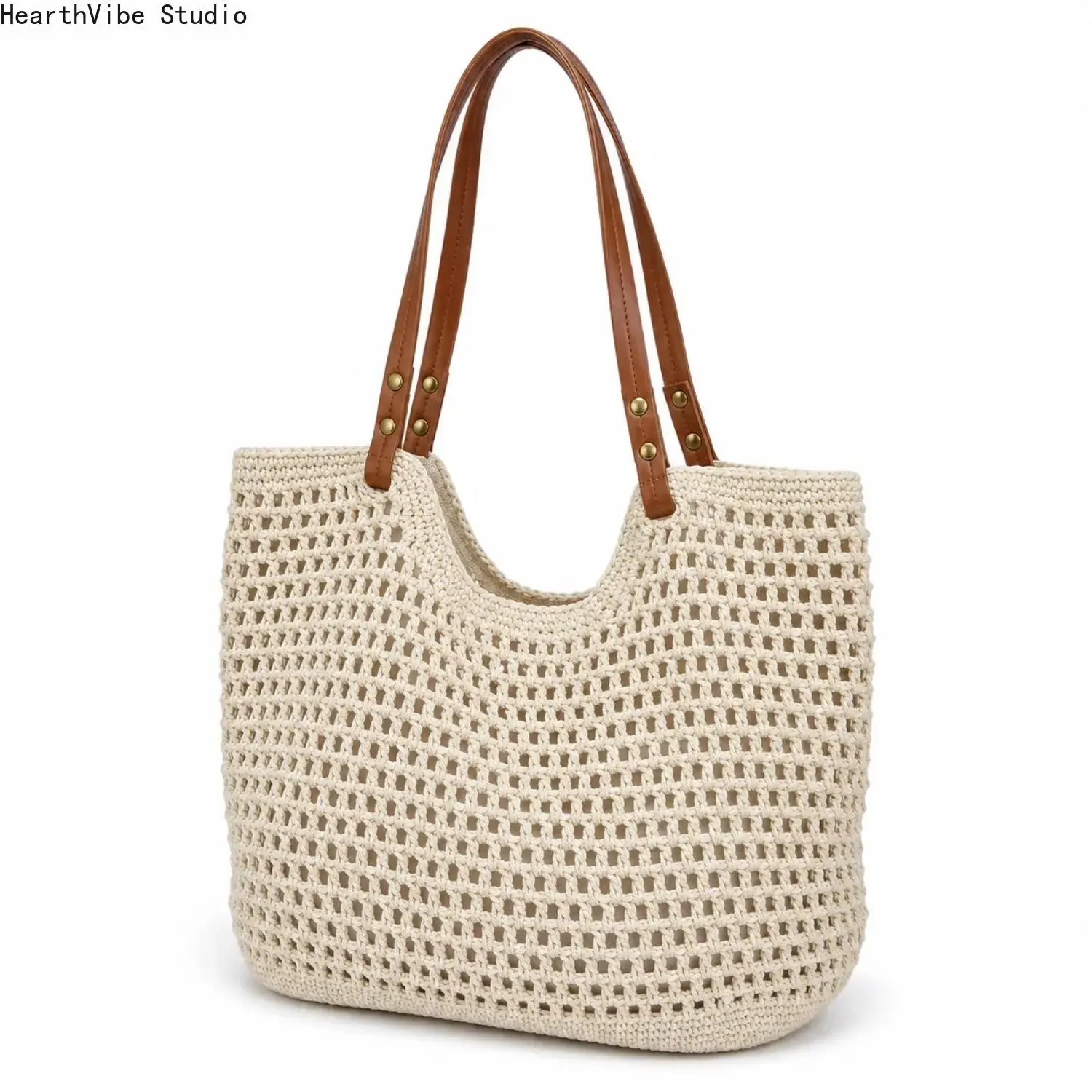 Crochet Tote Bag for Women, Hollow Out Knitted Mesh Shoulder Bag with Faux Leather Handles, Summer Beach Bag, Boho Woven Purse for Travel, Vacation, Shopping & Daily Use