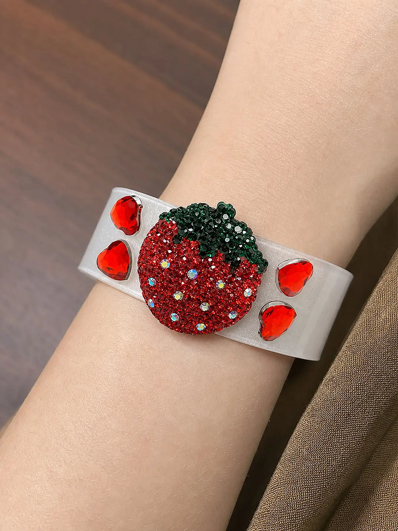 Two-Tone Full Rhinestone Strawberry Acrylic Open Bracelet, Heart-Shaped Gemstone Wide Band, Fashionable Jewelry Accessory