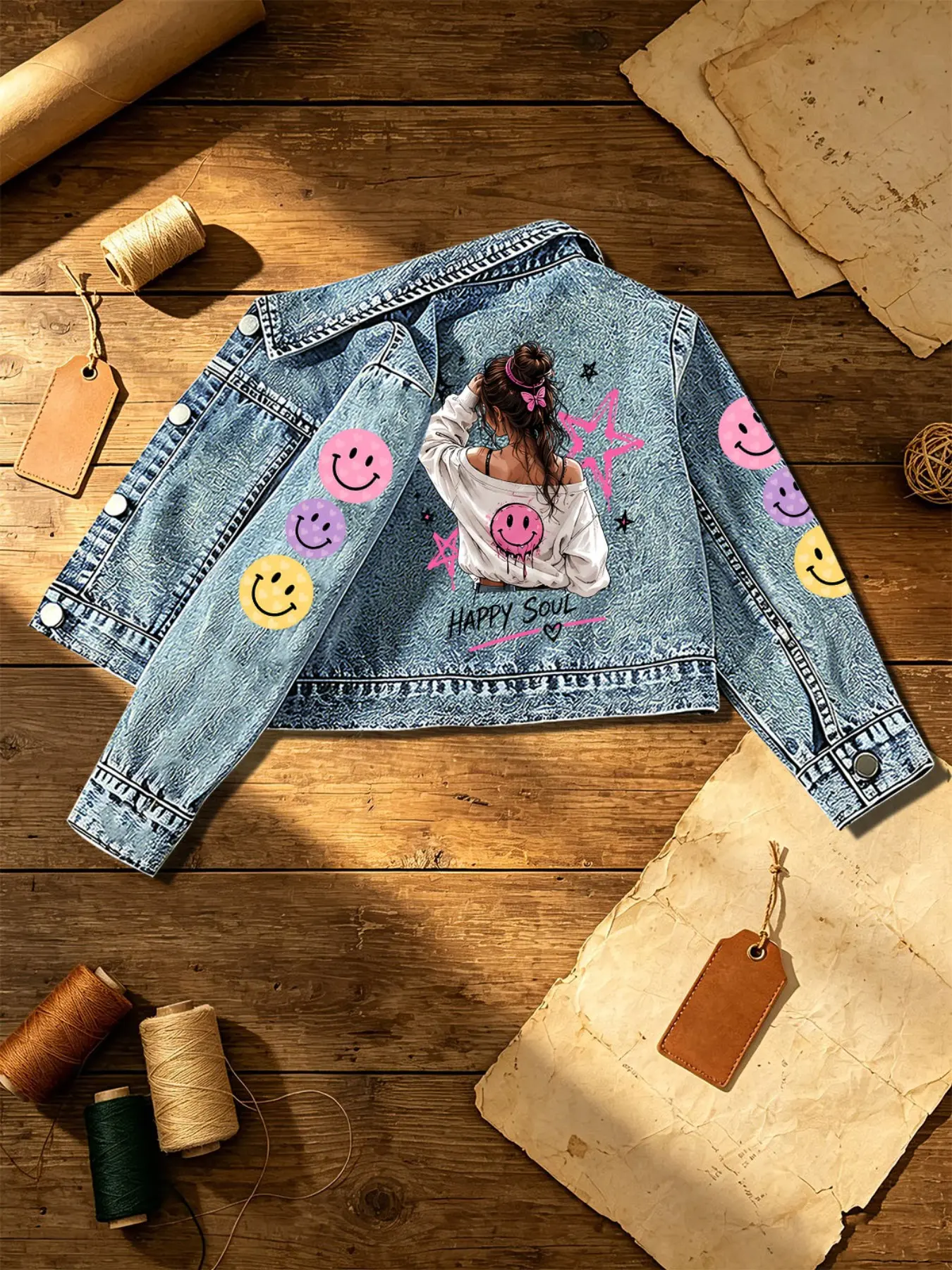 Girls' Sweet Cool Short Denim Jacket, Happy Soul Cartoon Print, Spring & Fall Casual Cute Outerwear, Ideal for Outdoor Activities, Ages 3-8, Perfect Gift