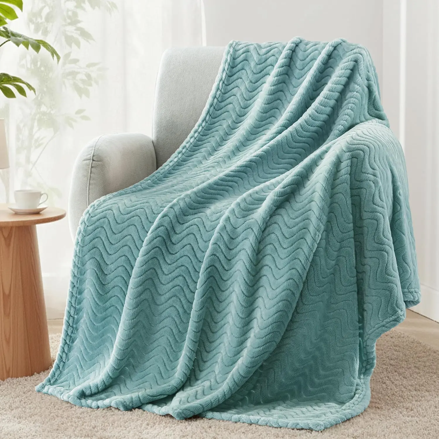 Large Fleece Throw Blanket for Couch, Sofa, Celadon| 50"x70" Soft Breathable Lightweight Flannel Throws for Summer, Plush Cozy Wave Blanket for Home Decor