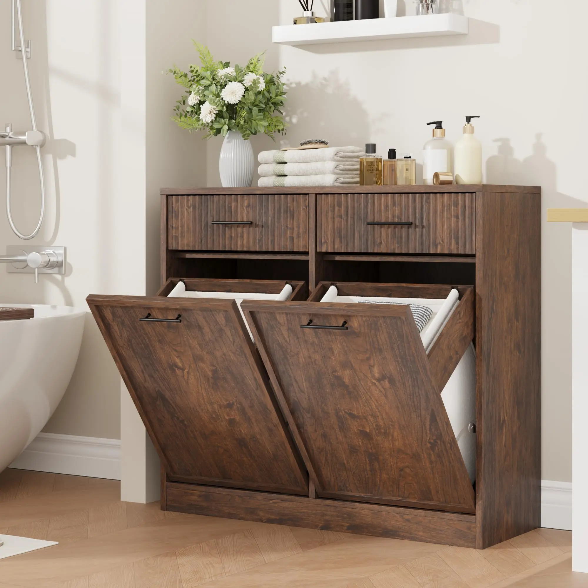 Natural Wood Space-Saving Double Tilt-Out Laundry Hamper Cabinet with Drawer, 10-Gal Waterproof Fluted Wood Basket, Hidden Waste Bin Storage for Bathroom, Kitchen